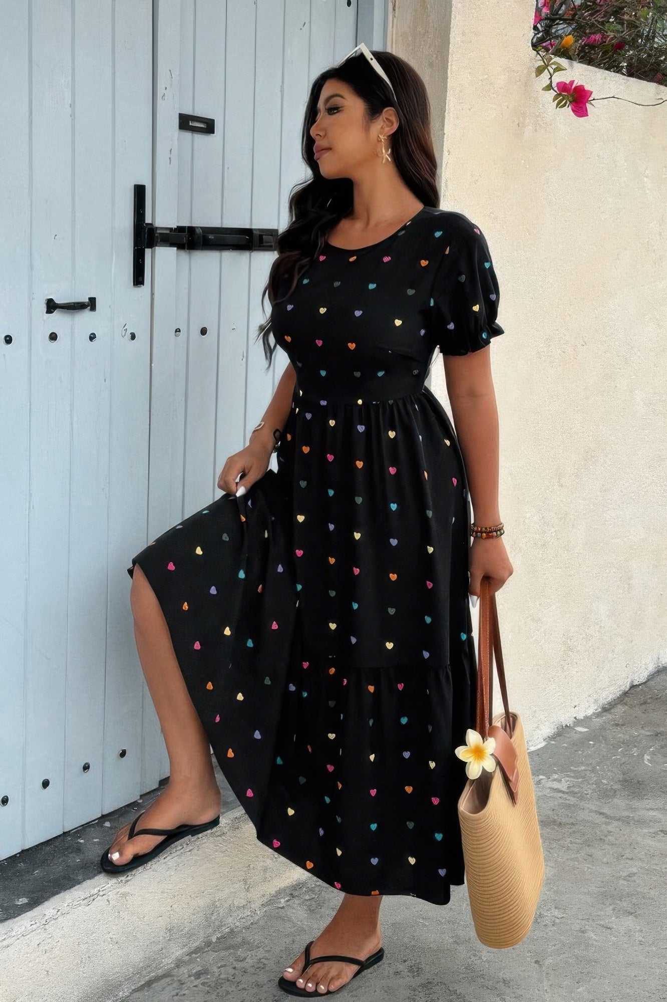 Plus Heart Print Round Neck Ruffle Hem Dress - It's a Girly Place