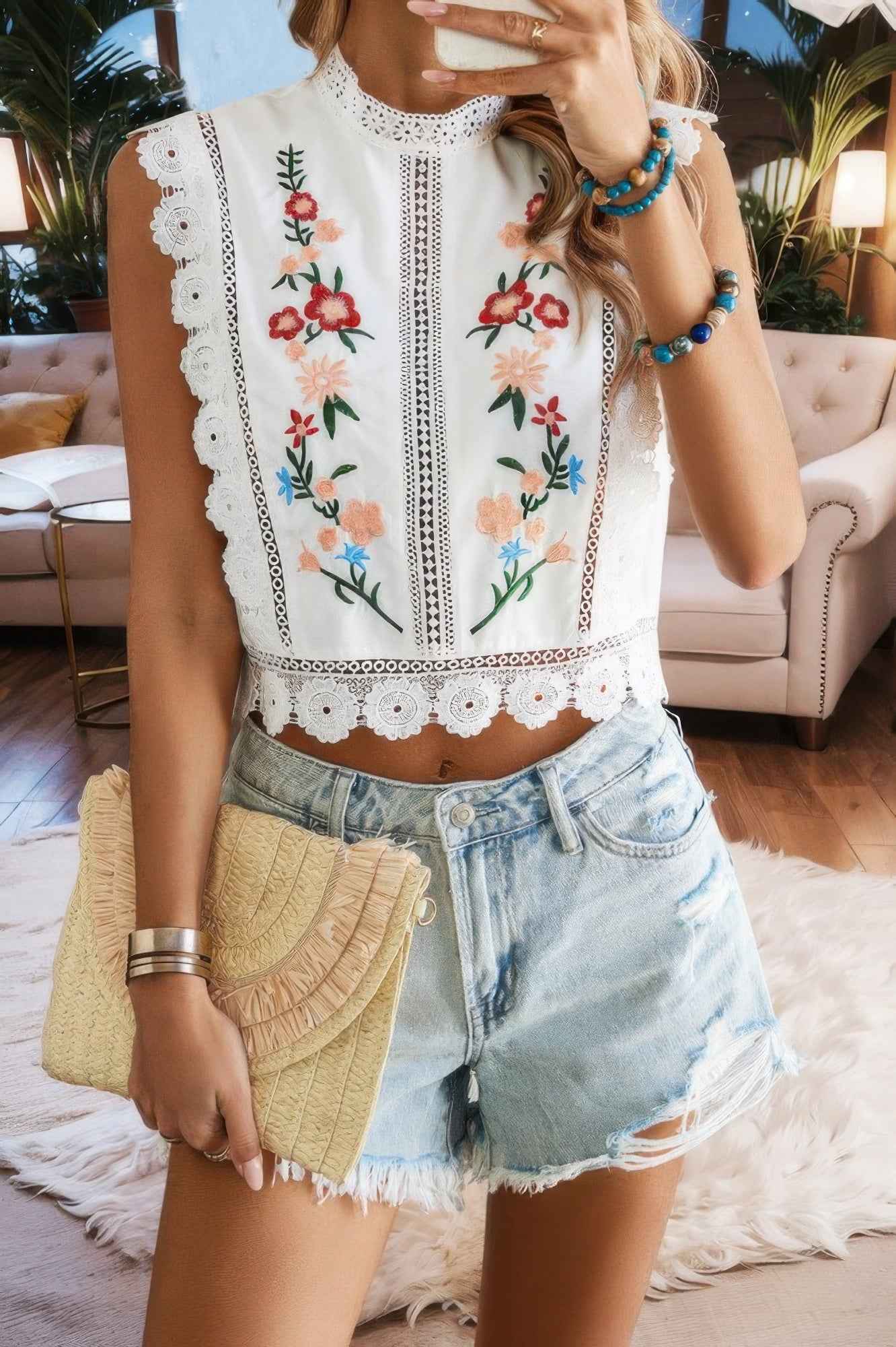 Sleeveless Floral Embroidery Guipure Lace Blouse