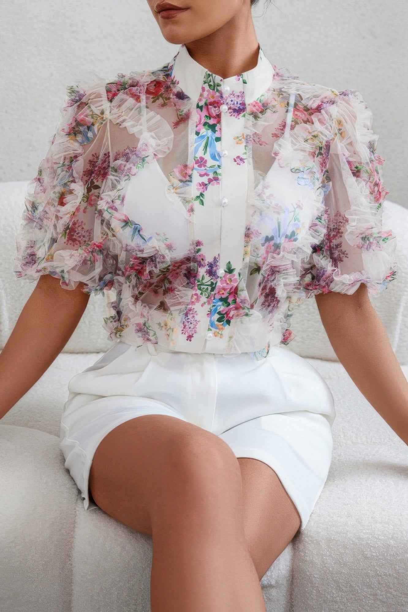 Allover Print See Through Collar Puff Sleeve Shirt