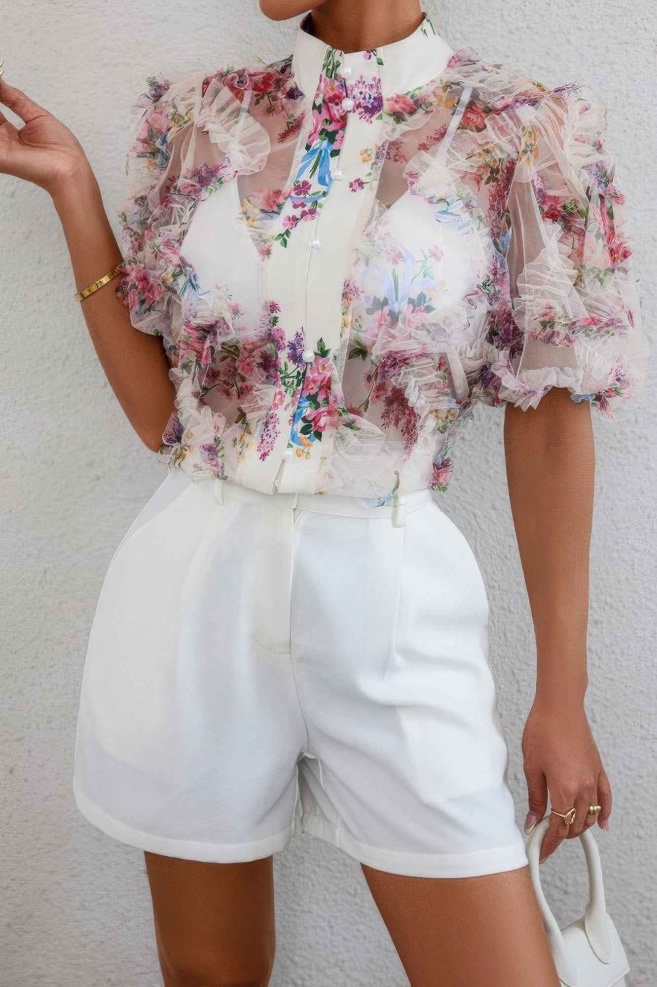 Allover Print See Through Collar Puff Sleeve Shirt