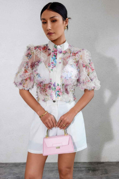 Allover Print See Through Collar Puff Sleeve Shirt