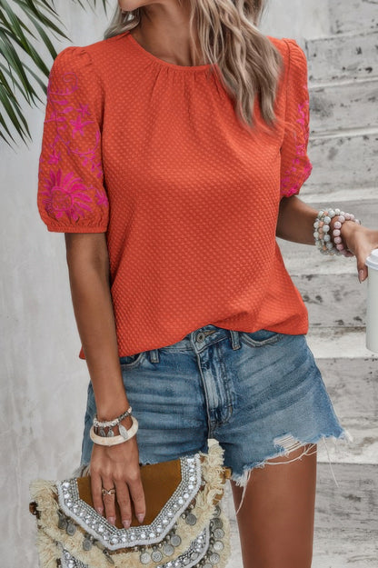 Round Neck Floral Embroidery Puff Sleeve Blouse - It's a Girly Place