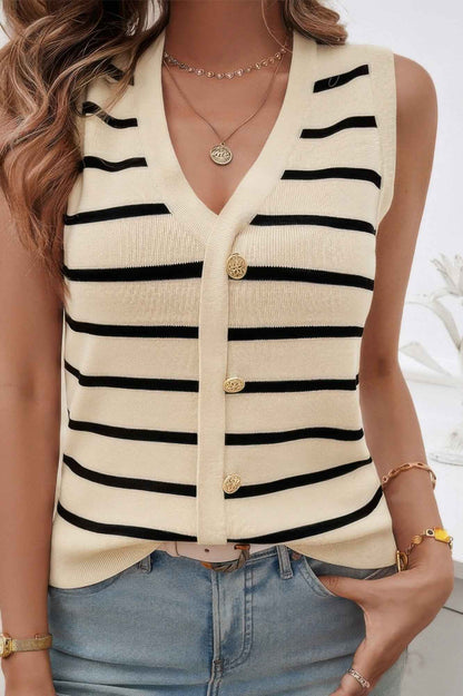 Strip Deep V Neck Knit Button Trim Sleeveless Vest