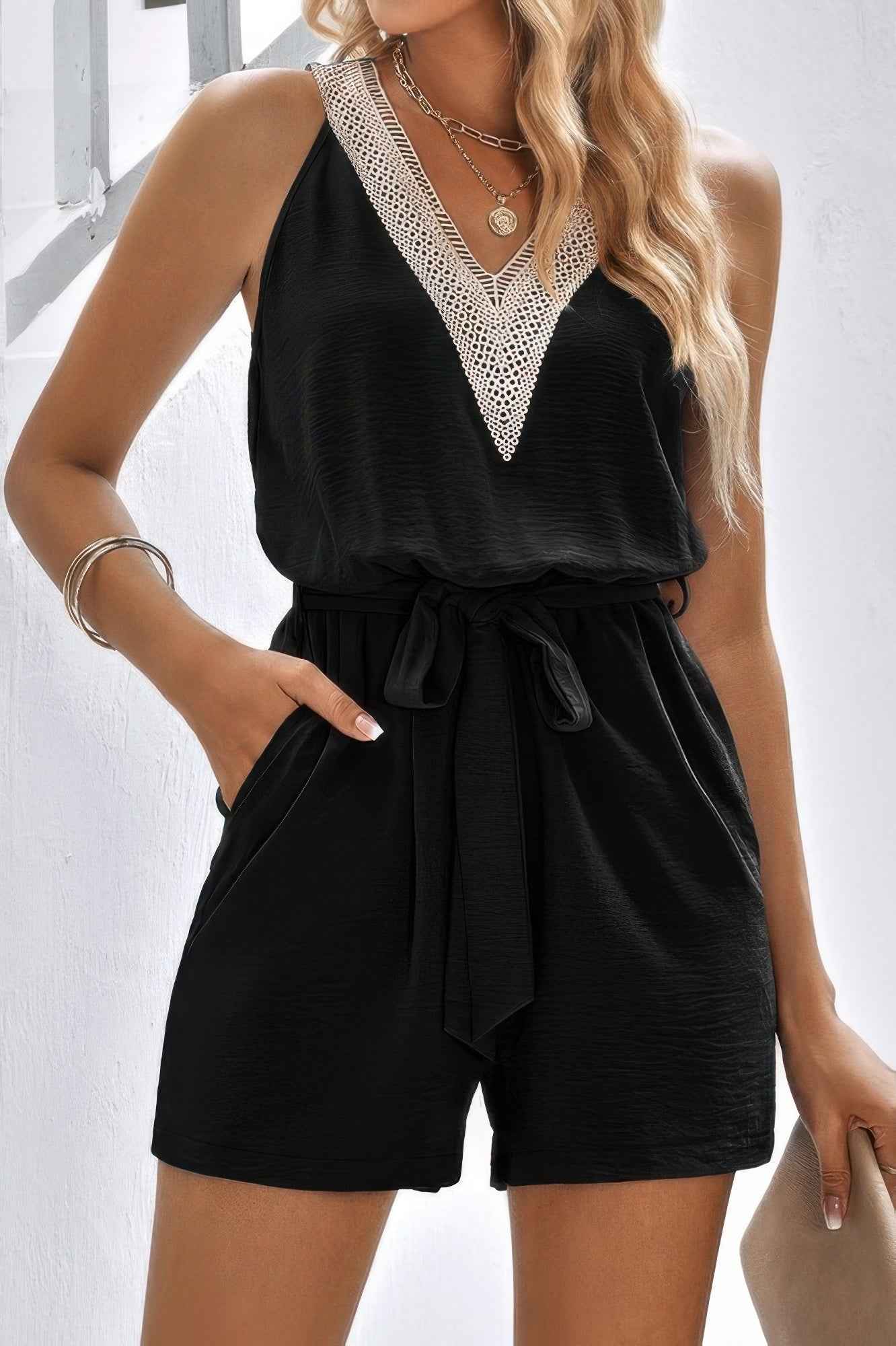 Lace Trim V Neck Sleeveless Tank Romper
