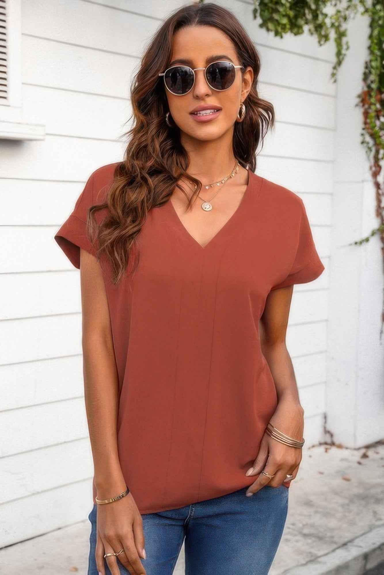 Solid V Neck Short Sleeve Loose Fit Shirt