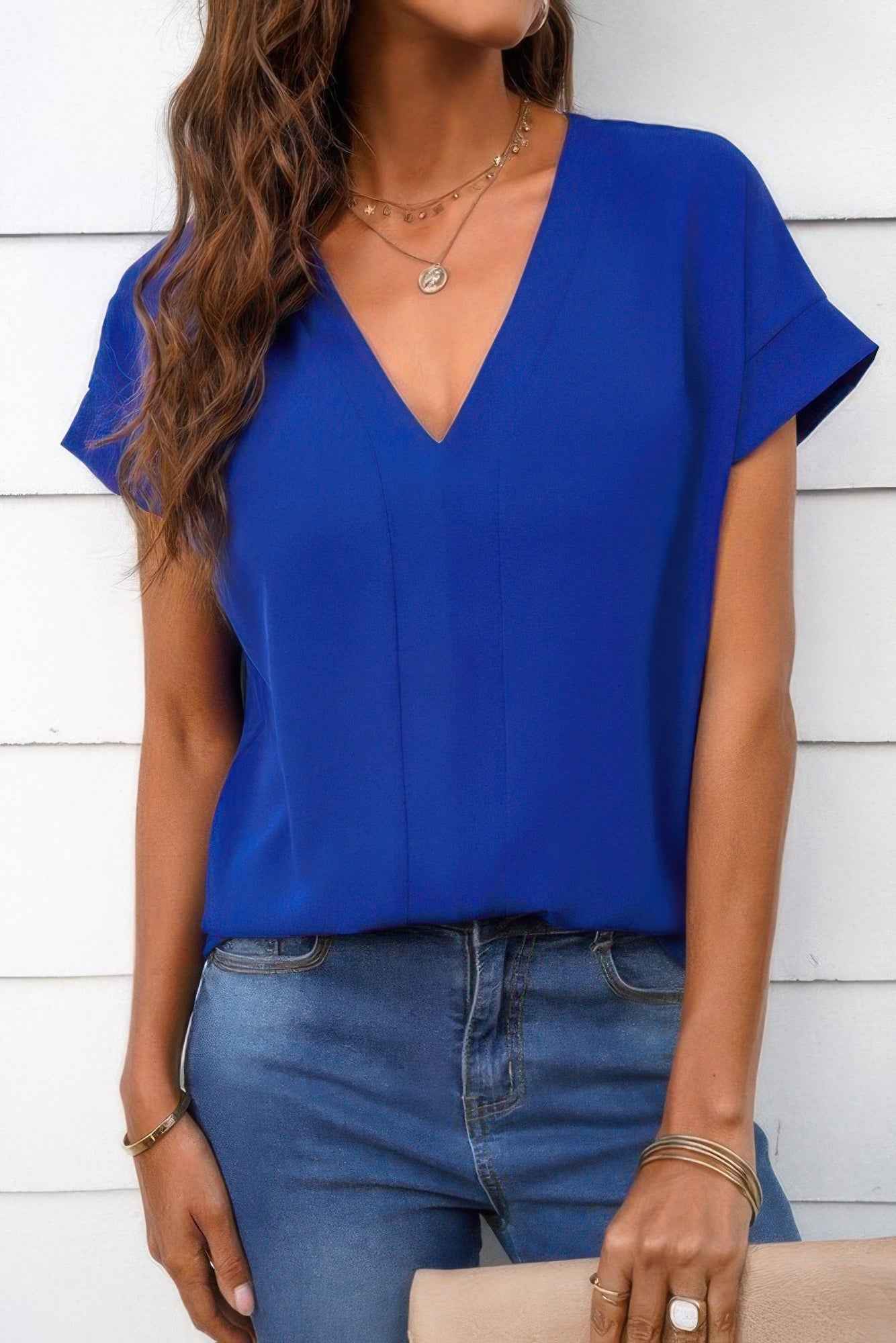 Solid V Neck Short Sleeve Loose Fit Shirt