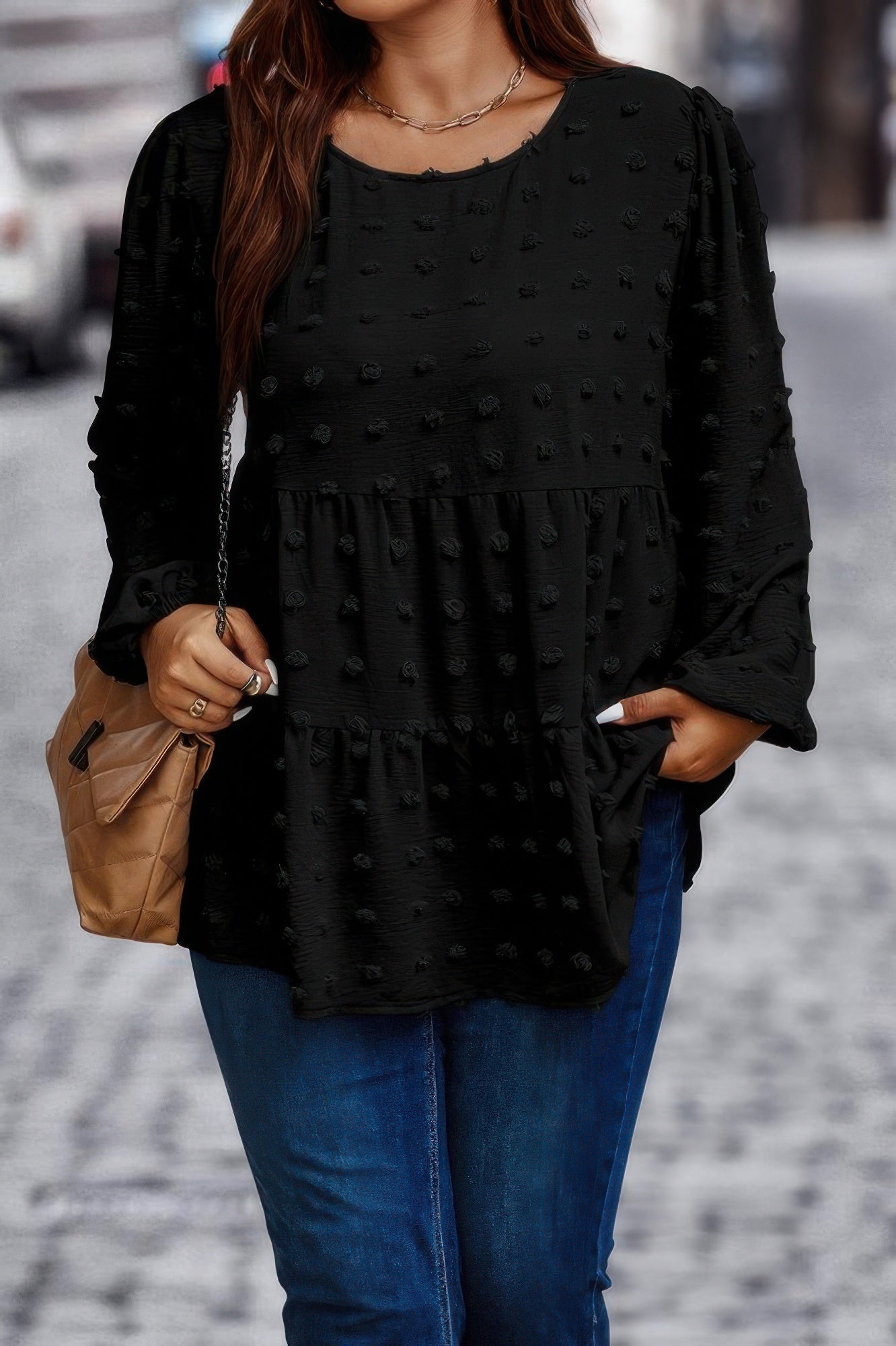 Plus Swiss Dot Round Neck Ruffle Hem Blouse - It's a Girly Place