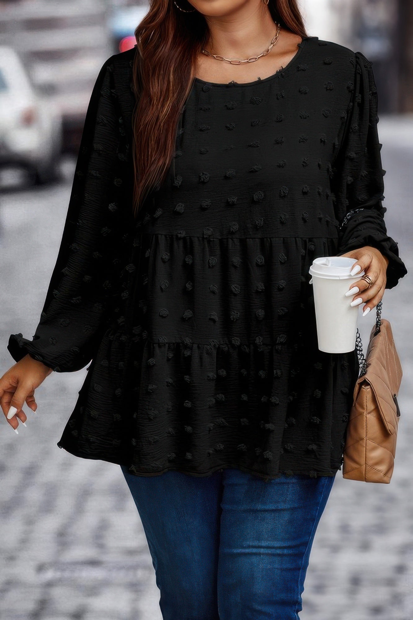 Plus Swiss Dot Round Neck Ruffle Hem Blouse - It's a Girly Place