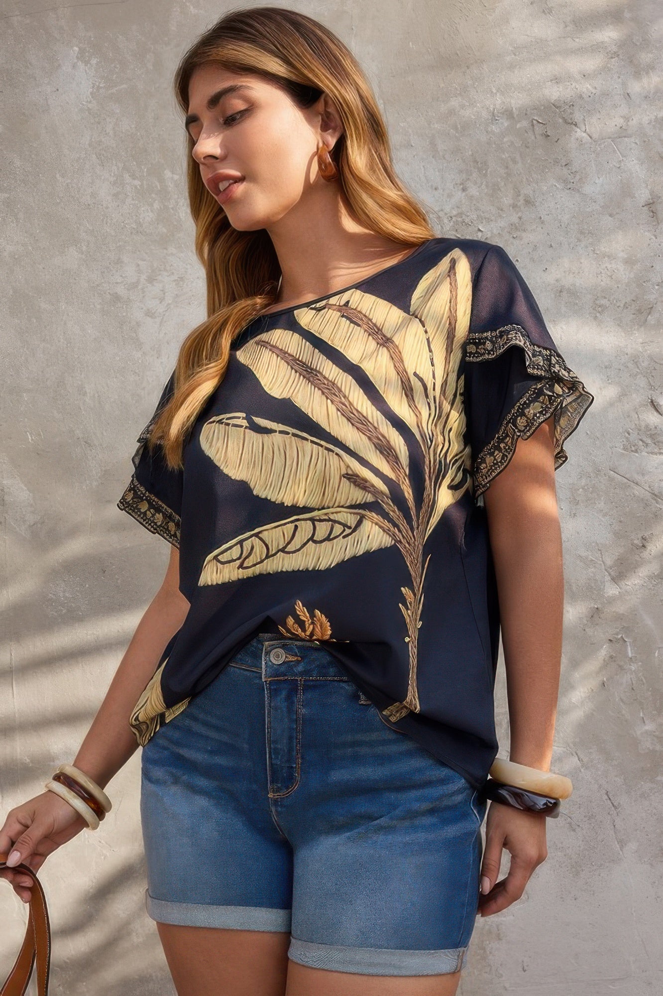 Plus Tropical Print Ruffle Hem Sleeve Blouse - It's a Girly Place