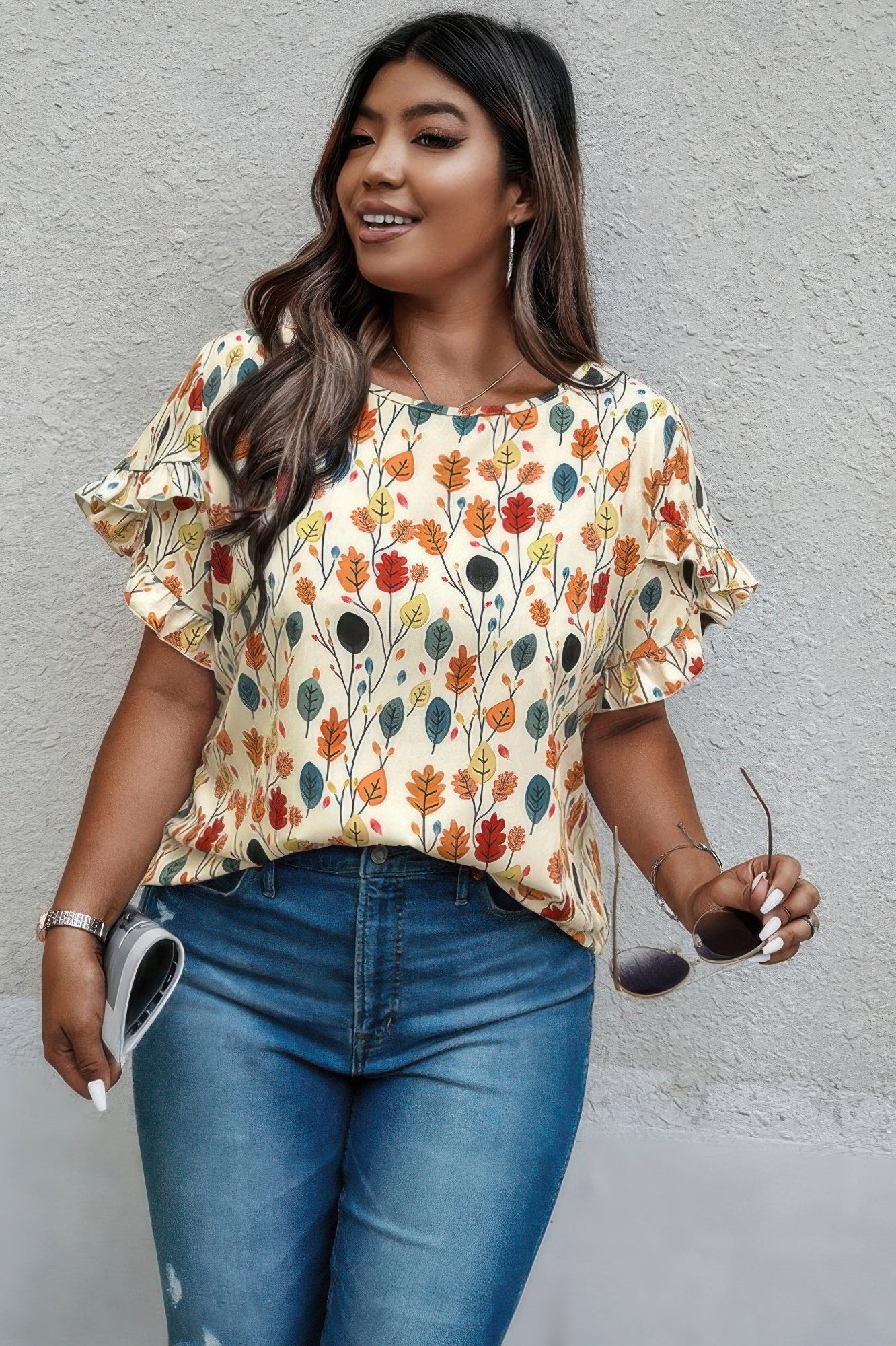 Plus Round Neck Floral Flounce Sleeve Loose Shirt - It's a Girly Place