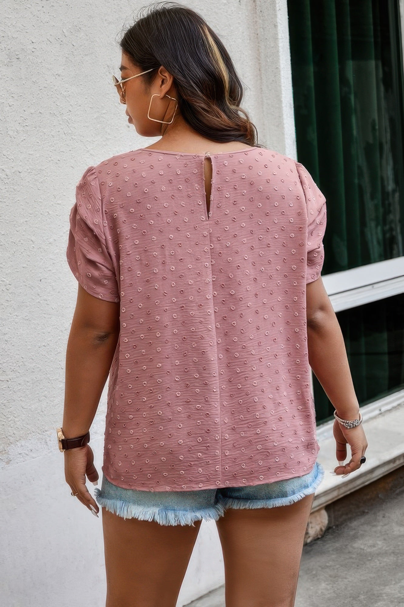 Plus Size Solid Swiss Dots Short Sleeve Blouse - It's a Girly Place