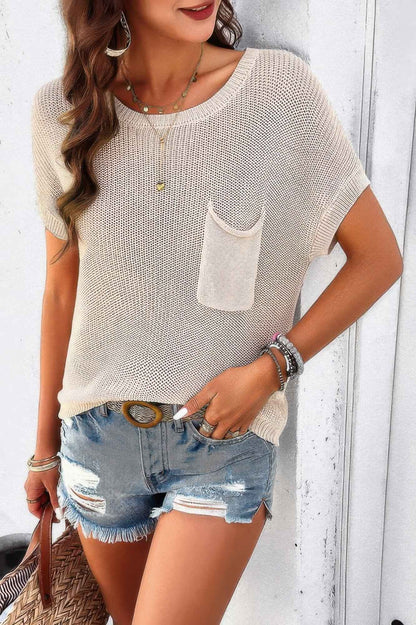 Pocket Knit Round Neck Loose Pullover Sweater