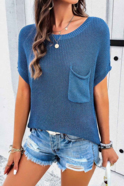 Pocket Knit Round Neck Loose Pullover Sweater