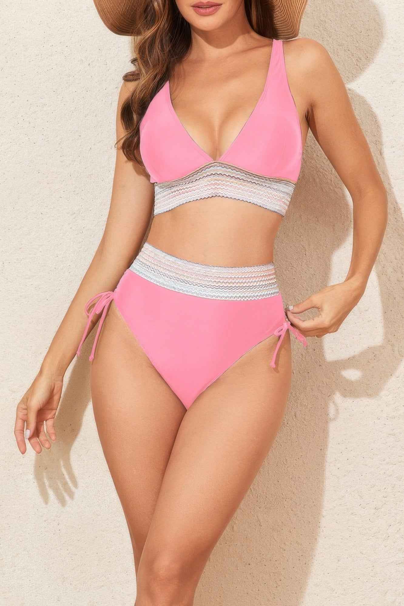 Two Pieces Elastic Wide Waist Band Knot Trimbikini