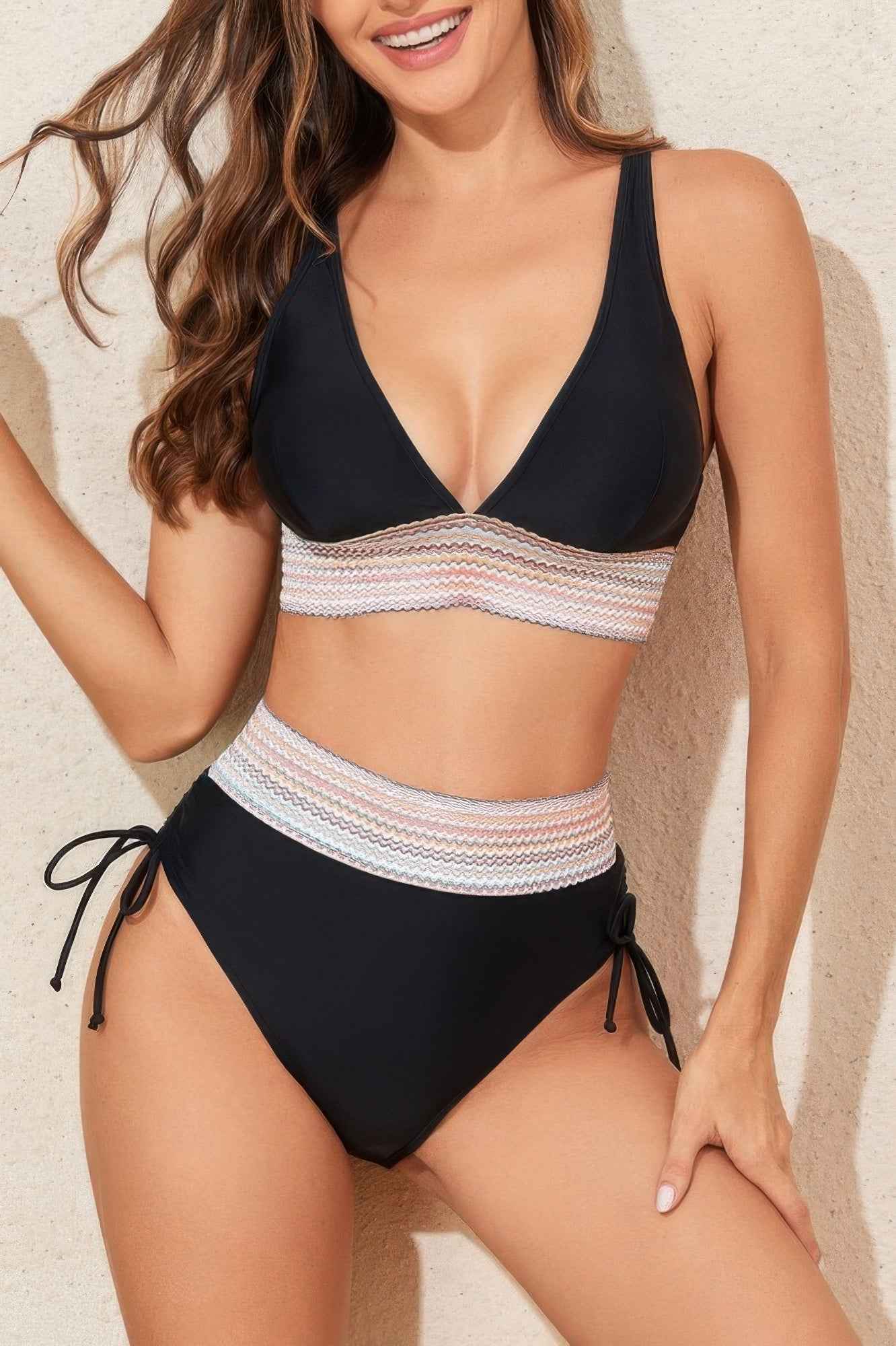 Two Pieces Elastic Wide Waist Band Knot Trimbikini
