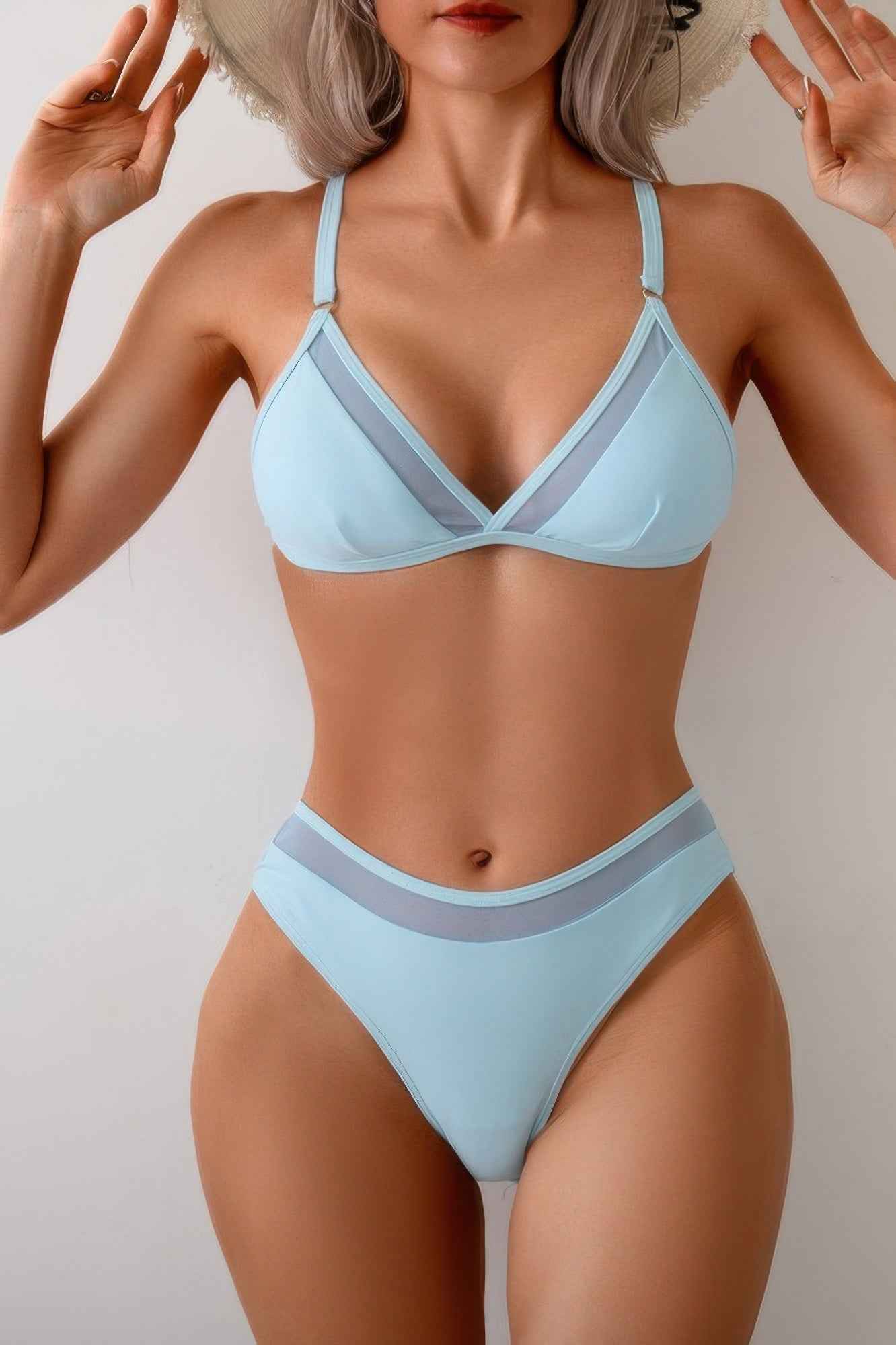 Two Pieces Lace Trim Solid High Cut Bikini