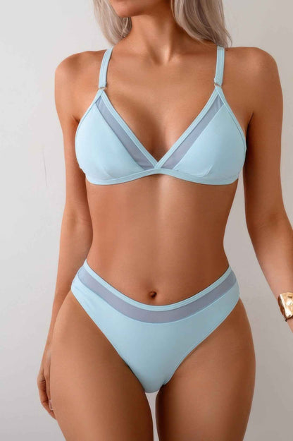 Two Pieces Lace Trim Solid High Cut Bikini