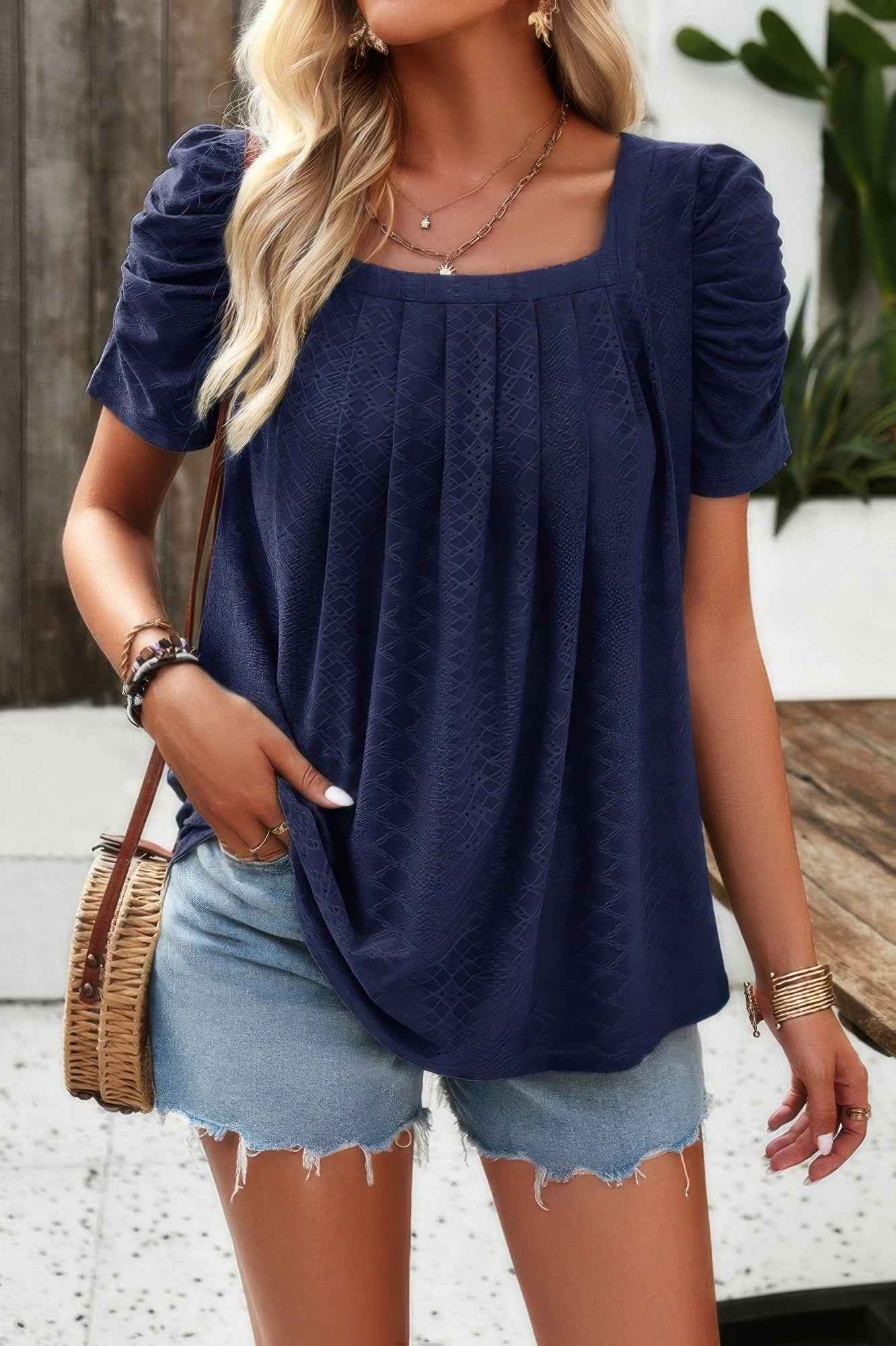 Square Neck Puff Sleeve Tunic Tops Eyelet Shirt