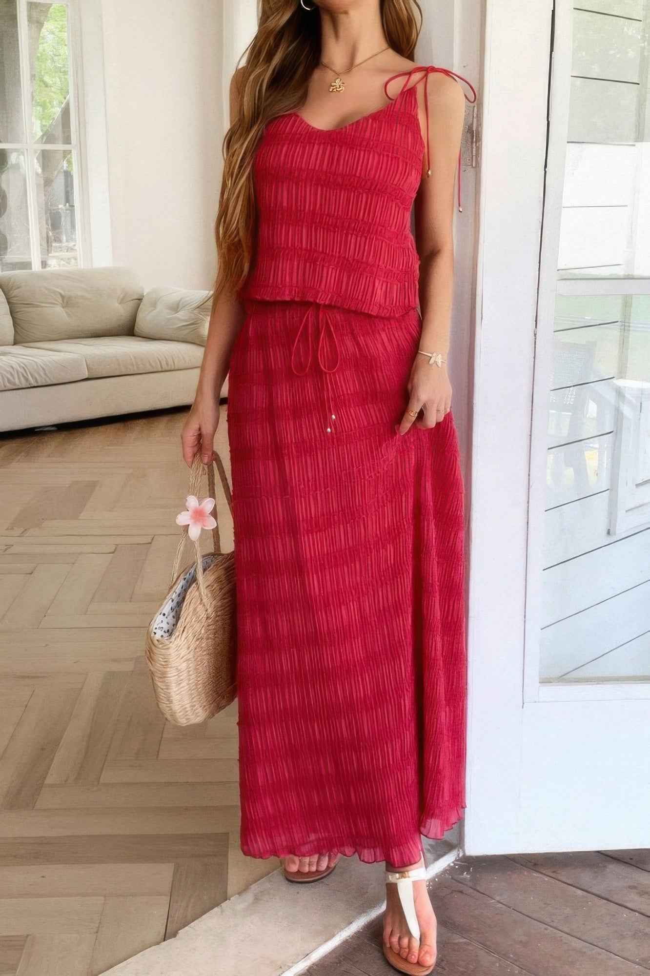 Solid Two Piece Strappy Maxi Skirt Crop Top Set