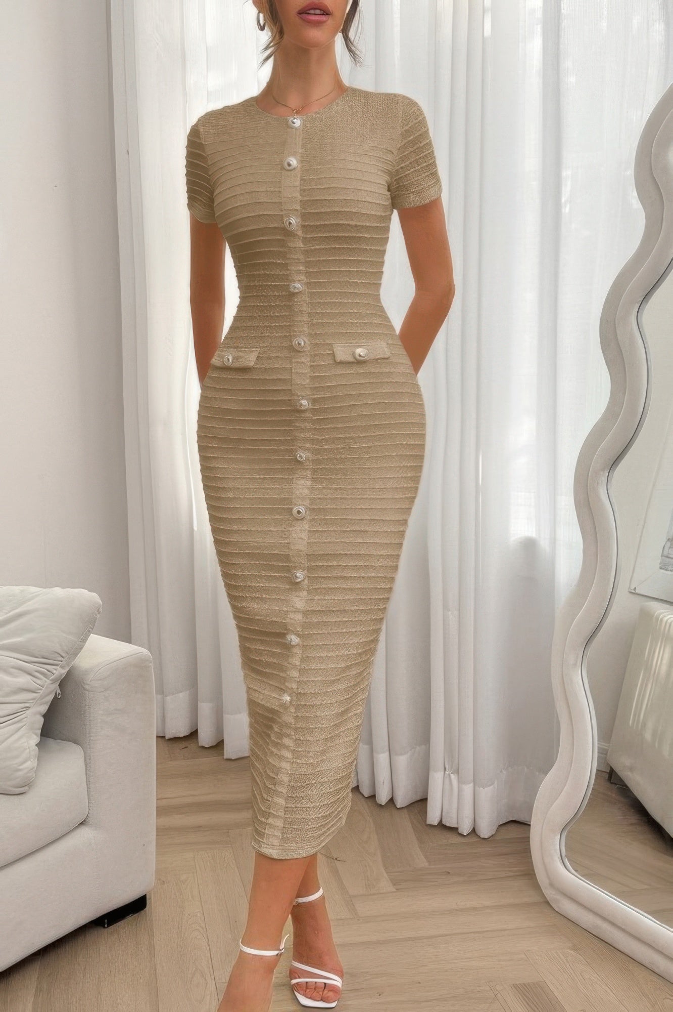 Solid Buckle Design Zipper Split Short Sleeve Dress - It's a Girly Place