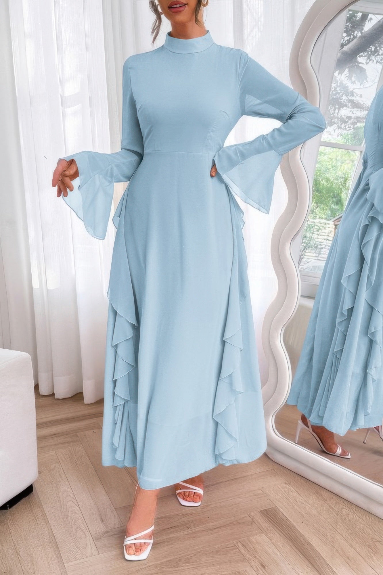 Solid Stand Collar Flare Sleeve Ruffle Full Dress - It's a Girly Place