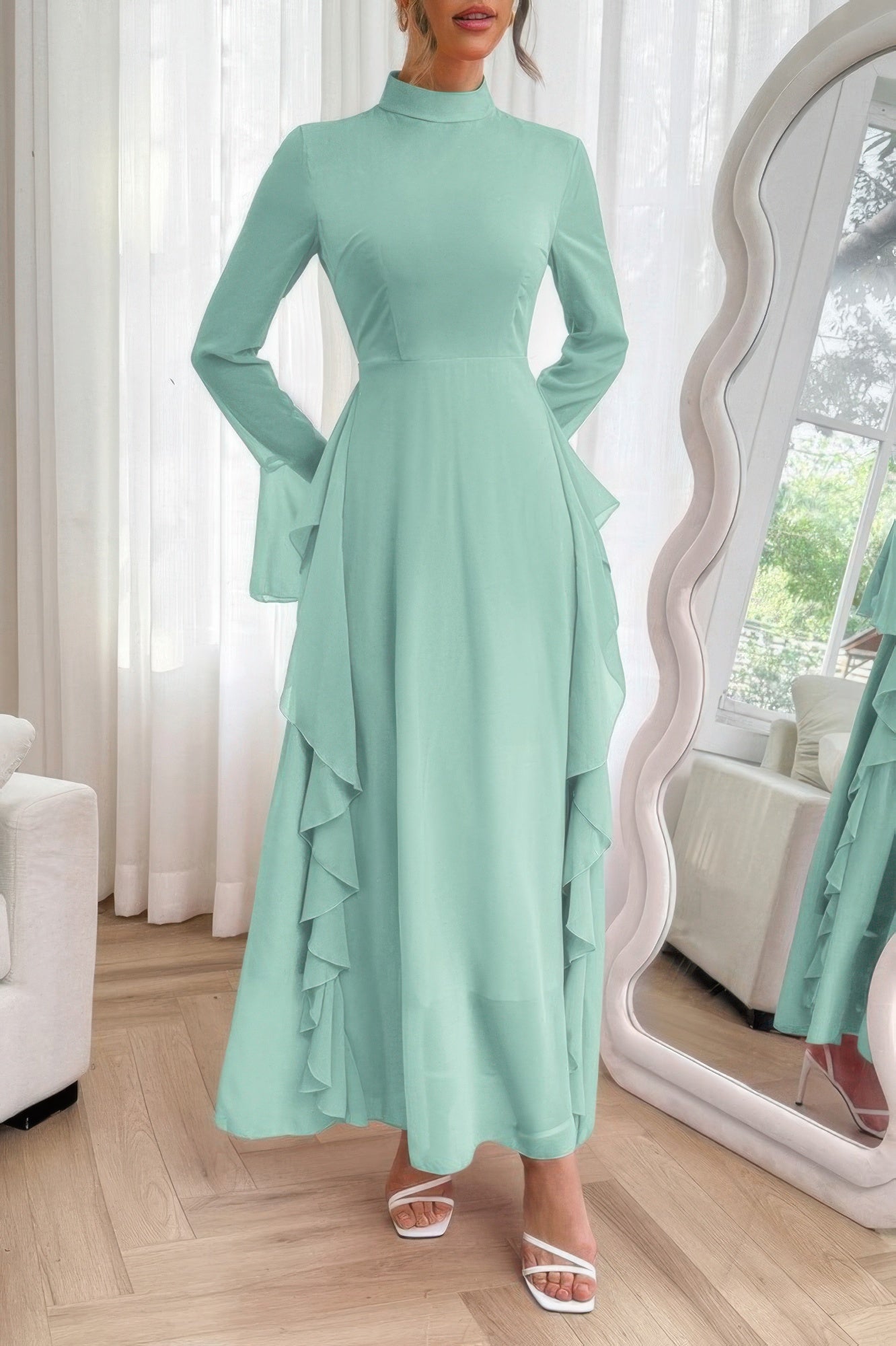 Solid Stand Collar Flare Sleeve Ruffle Full Dress - It's a Girly Place