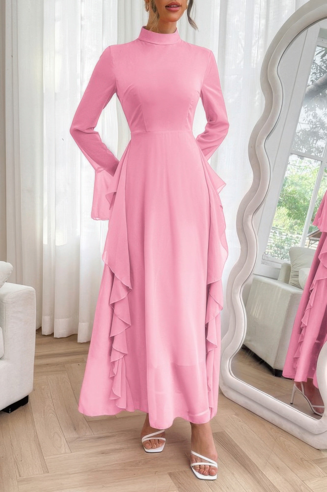 Solid Stand Collar Flare Sleeve Ruffle Full Dress - It's a Girly Place