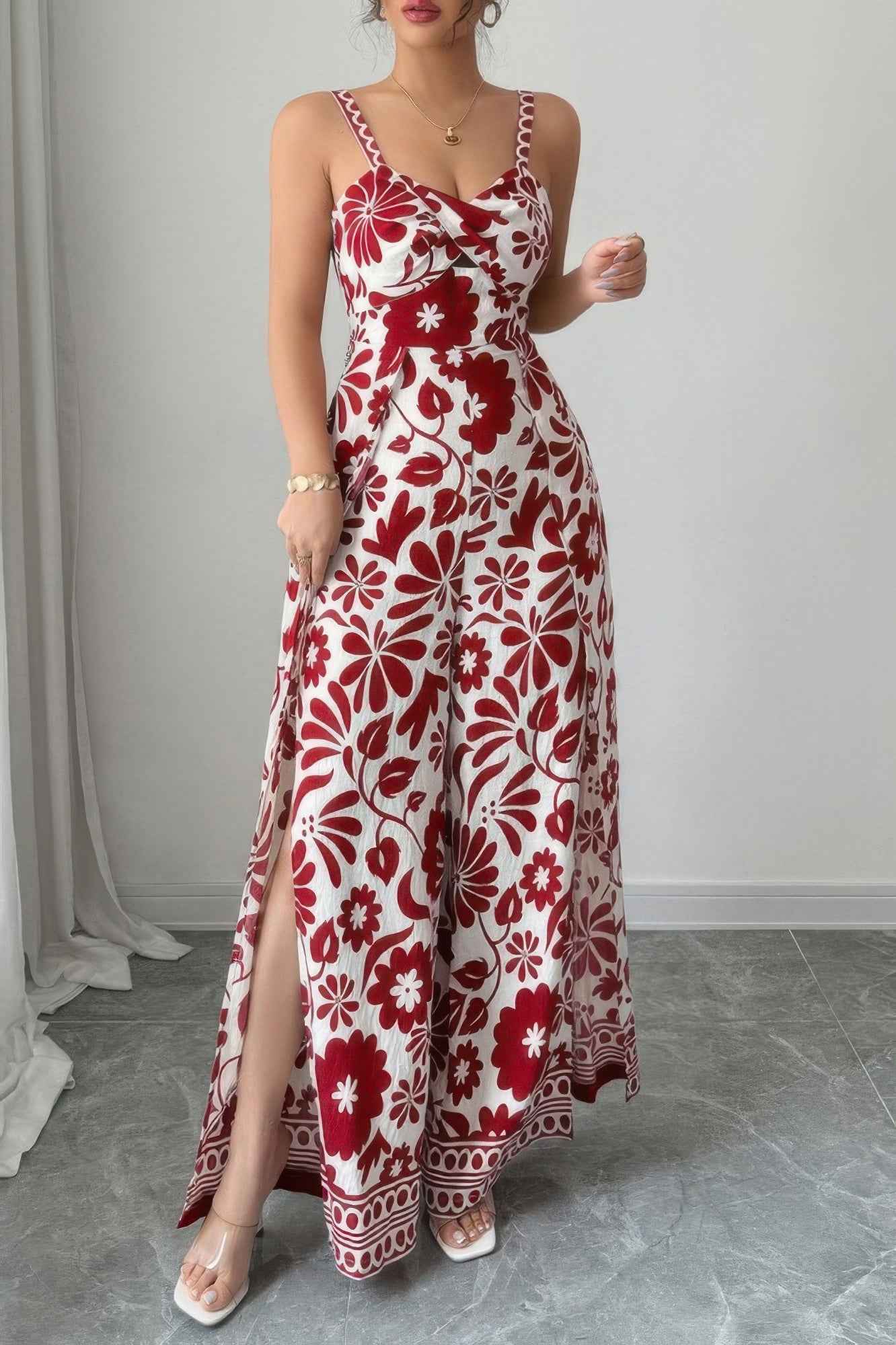 Floral Print High Waist Split Wide Leg Fit Jumpsuit