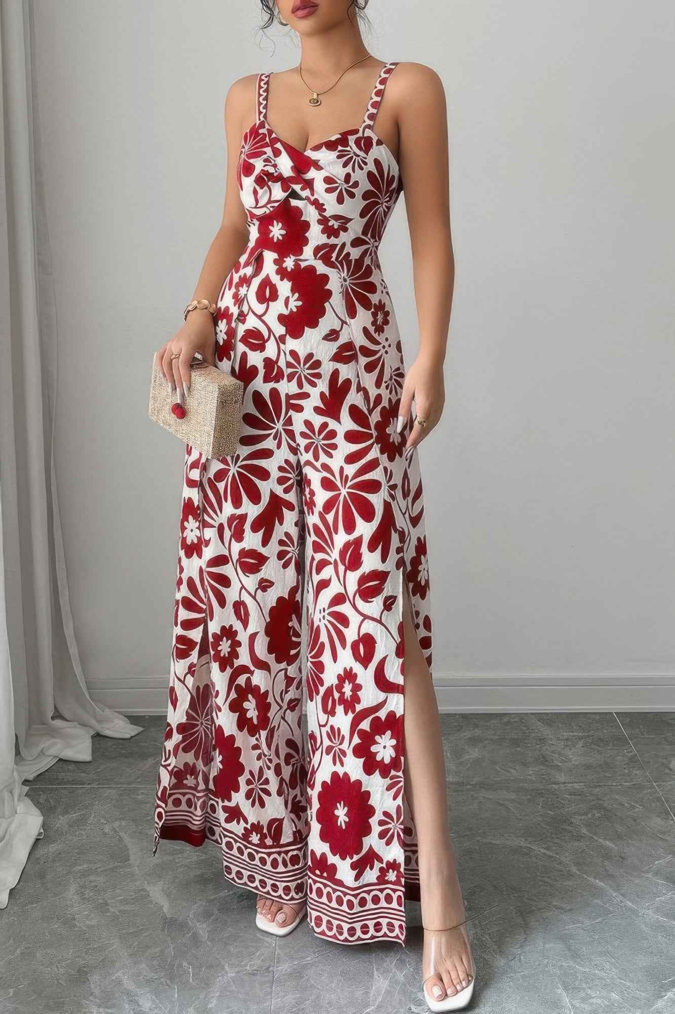 Floral Print High Waist Split Wide Leg Fit Jumpsuit