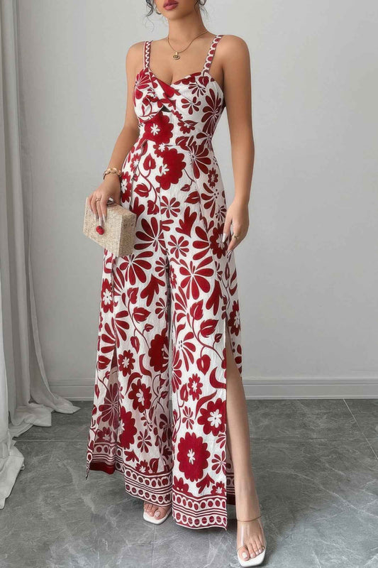 Floral Print High Waist Split Wide Leg Fit Jumpsuit
