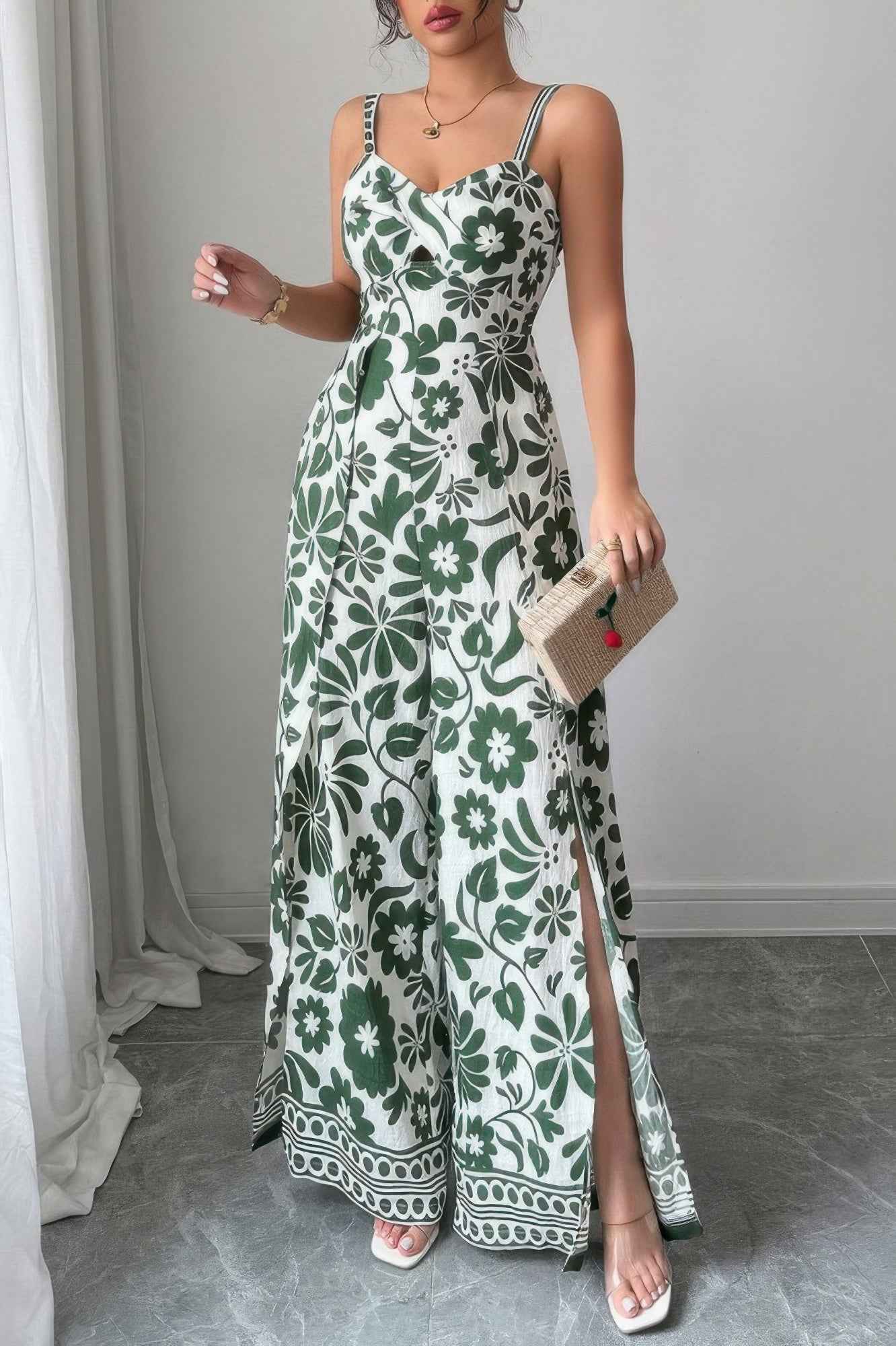 Floral Print High Waist Split Wide Leg Fit Jumpsuit
