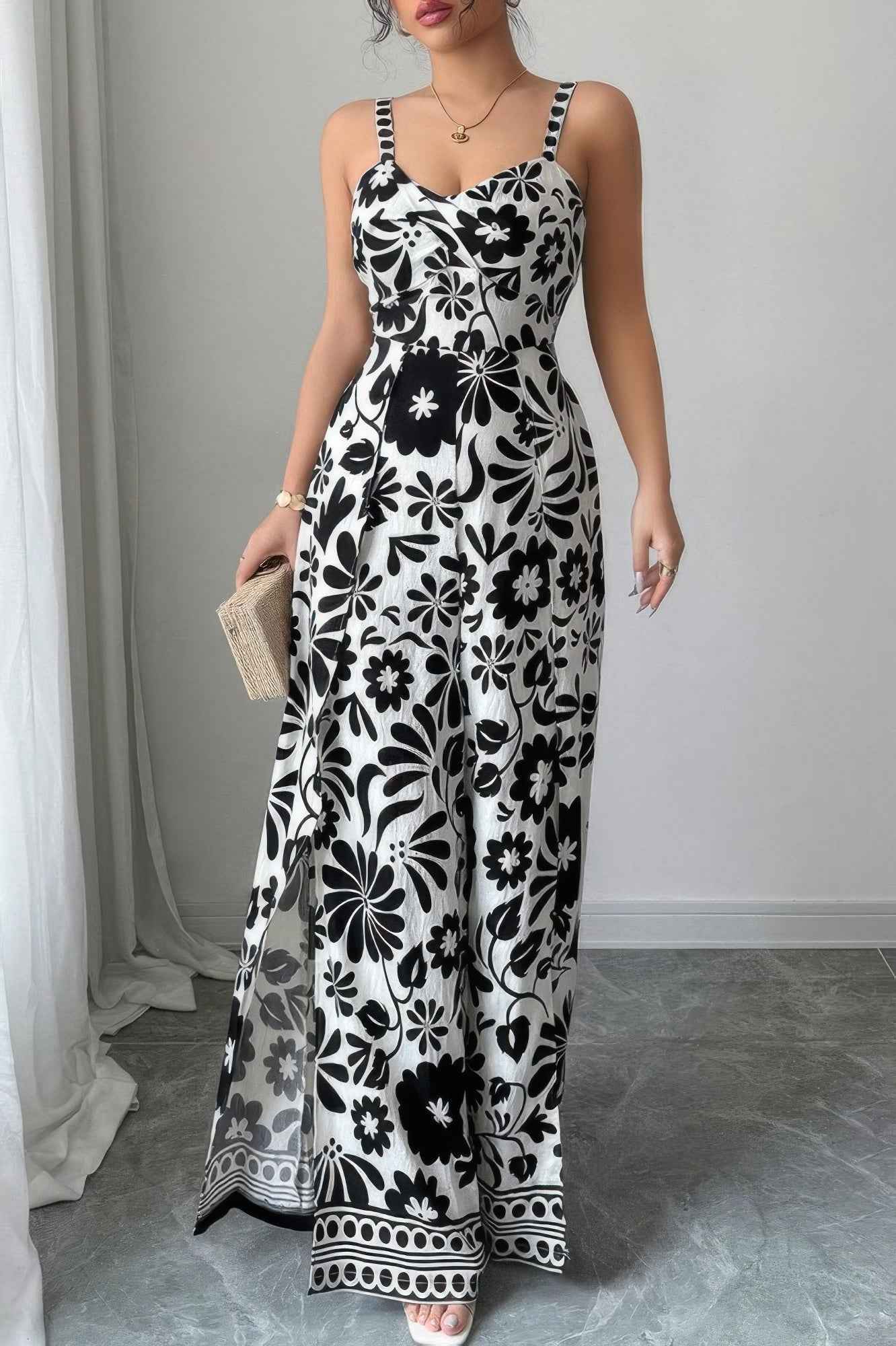 Floral Print High Waist Split Wide Leg Fit Jumpsuit