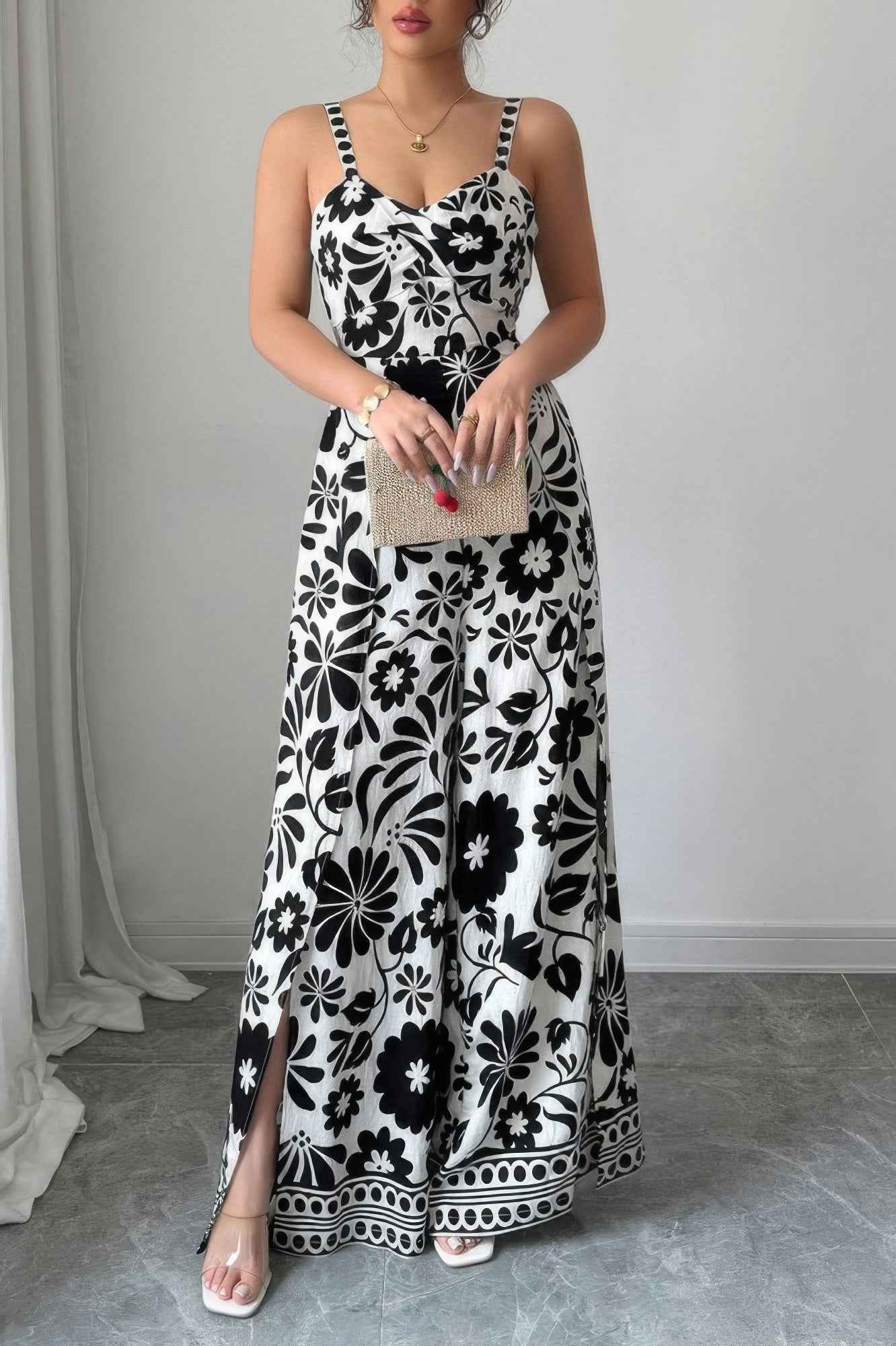 Floral Print High Waist Split Wide Leg Fit Jumpsuit