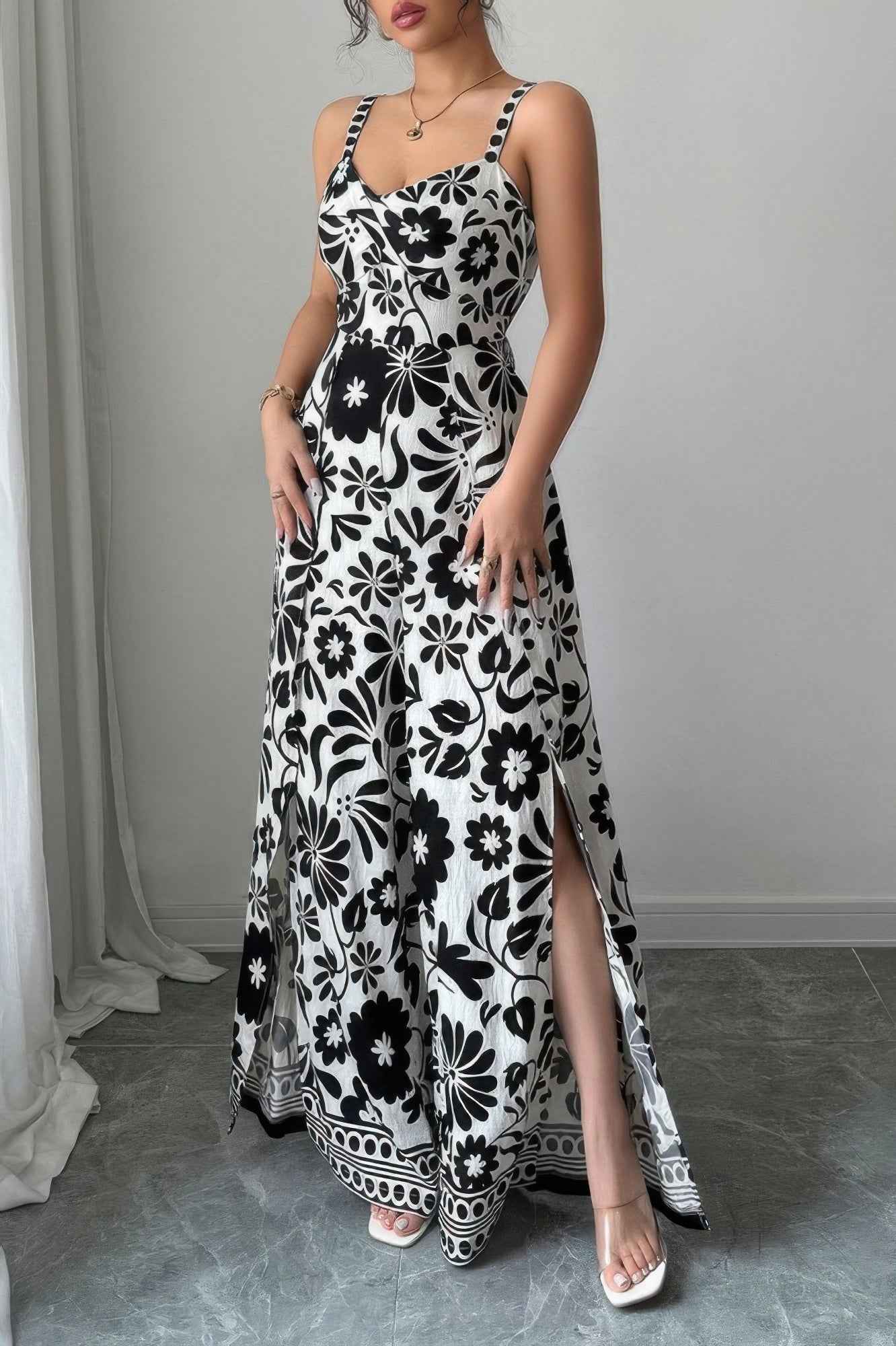 Floral Print High Waist Split Wide Leg Fit Jumpsuit