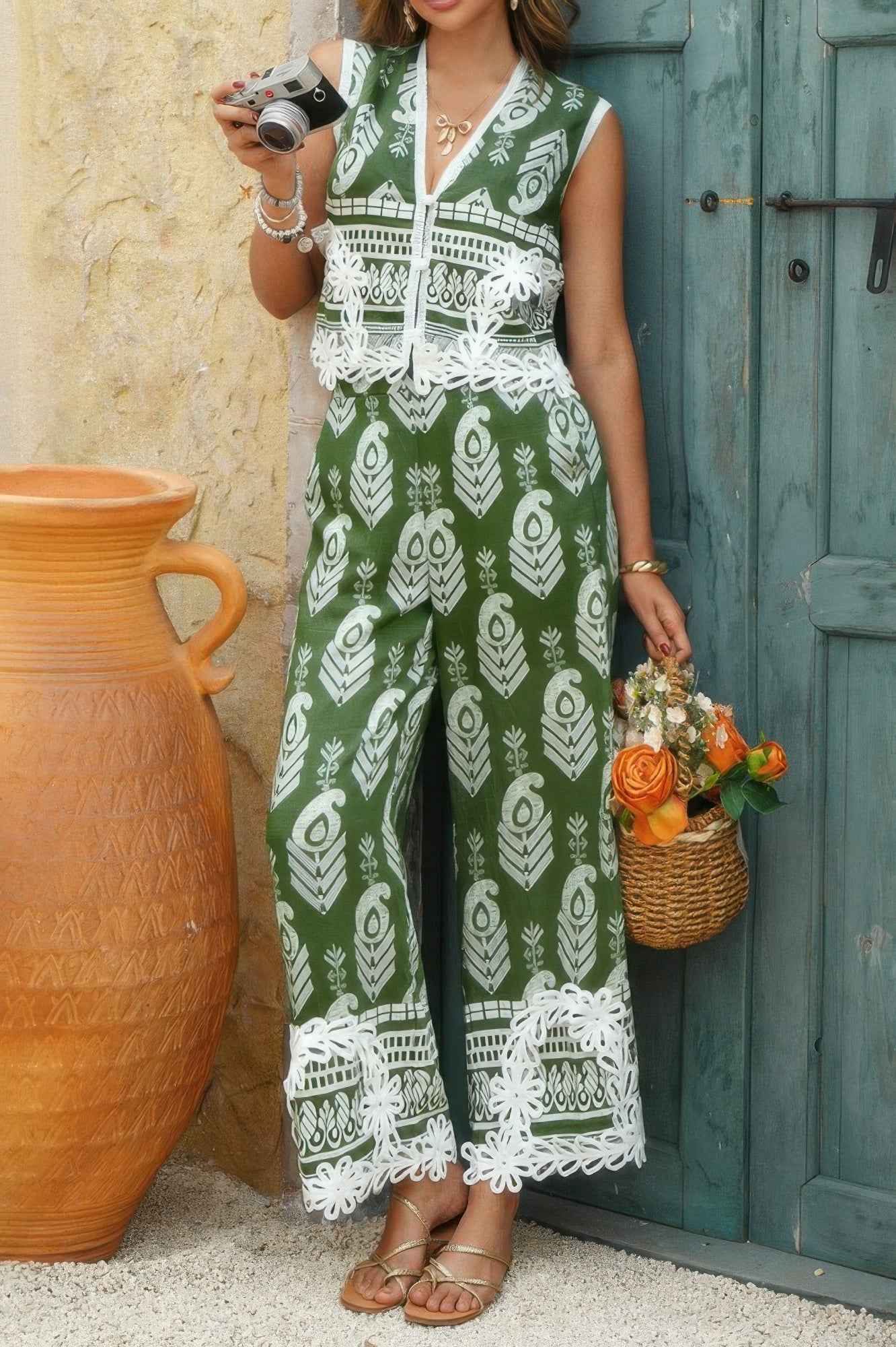 Boho Print Two Piece Sleeveless Button Lace Trim Set