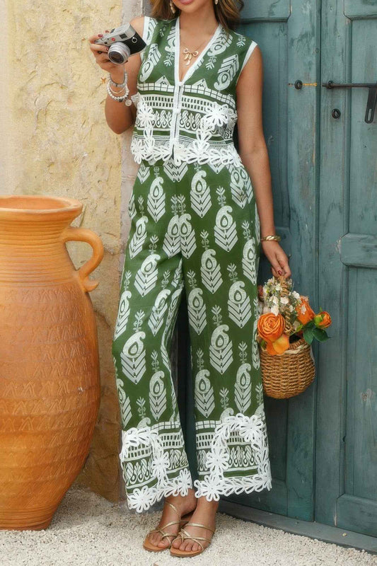 Boho Print Two Piece Sleeveless Button Lace Trim Set