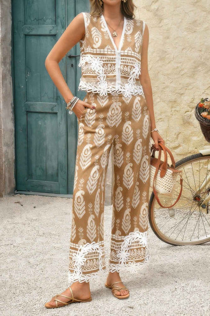 Boho Print Two Piece Sleeveless Button Lace Trim Set