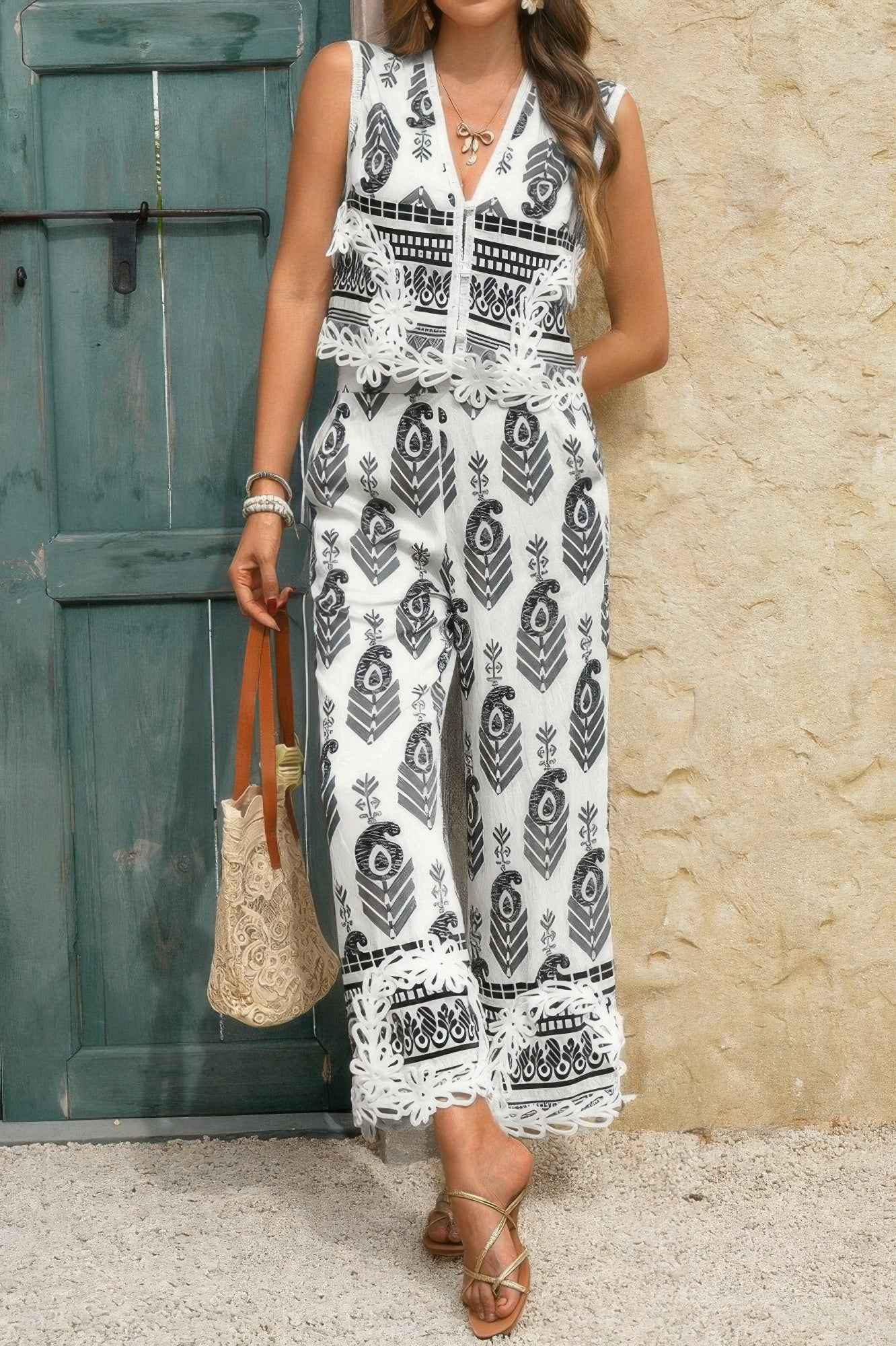 Boho Print Two Piece Sleeveless Button Lace Trim Set