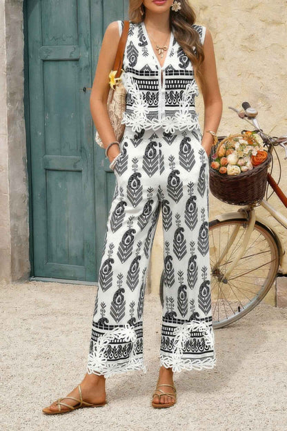 Boho Print Two Piece Sleeveless Button Lace Trim Set