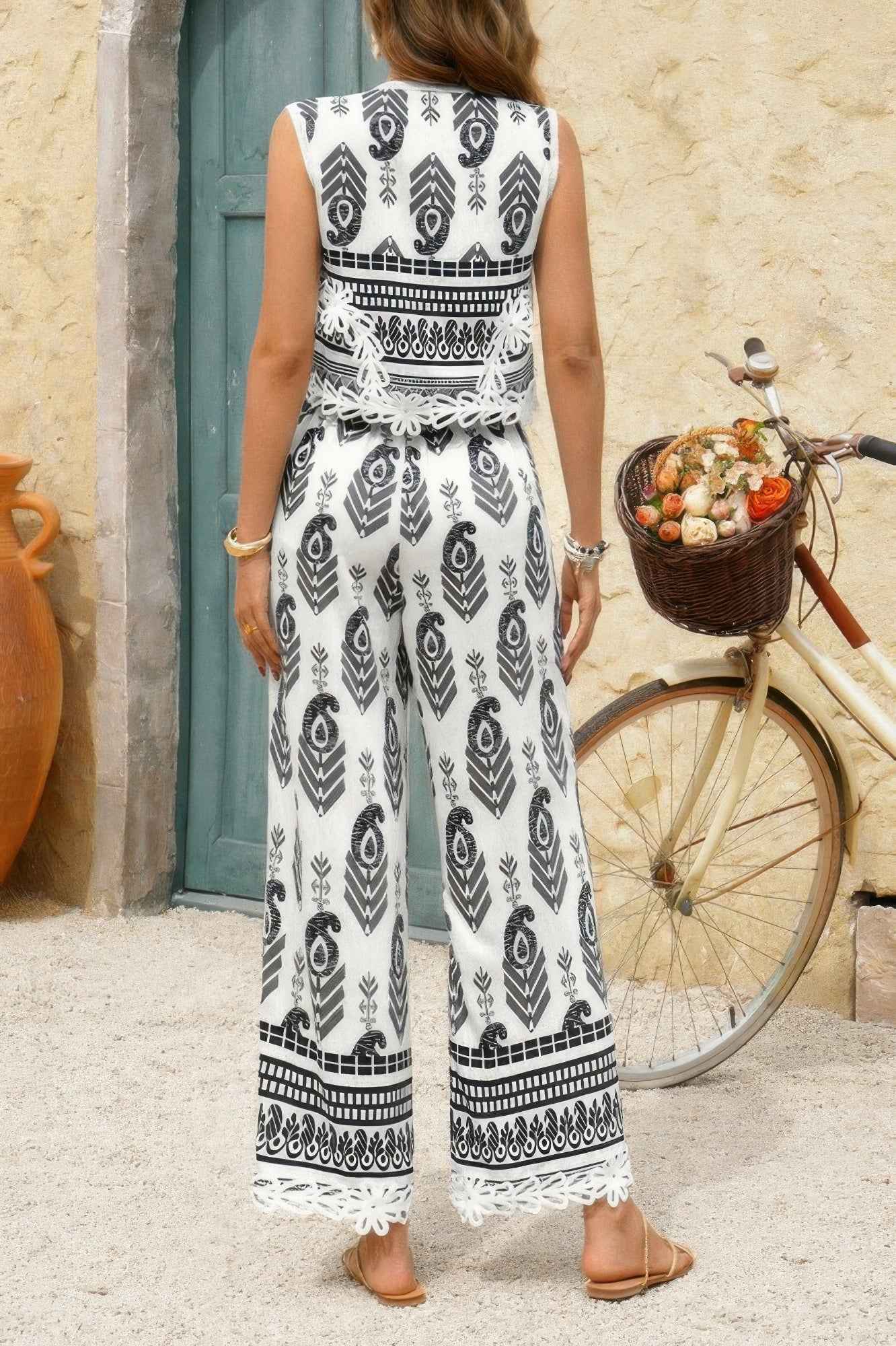 Boho Print Two Piece Sleeveless Button Lace Trim Set