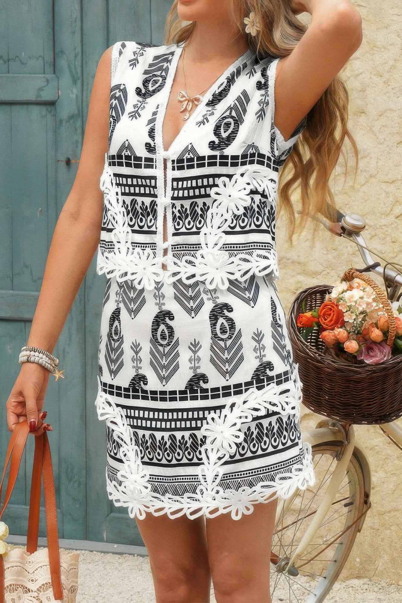 Two Piece Boho Print Sleeveless Button Lace Trim Set