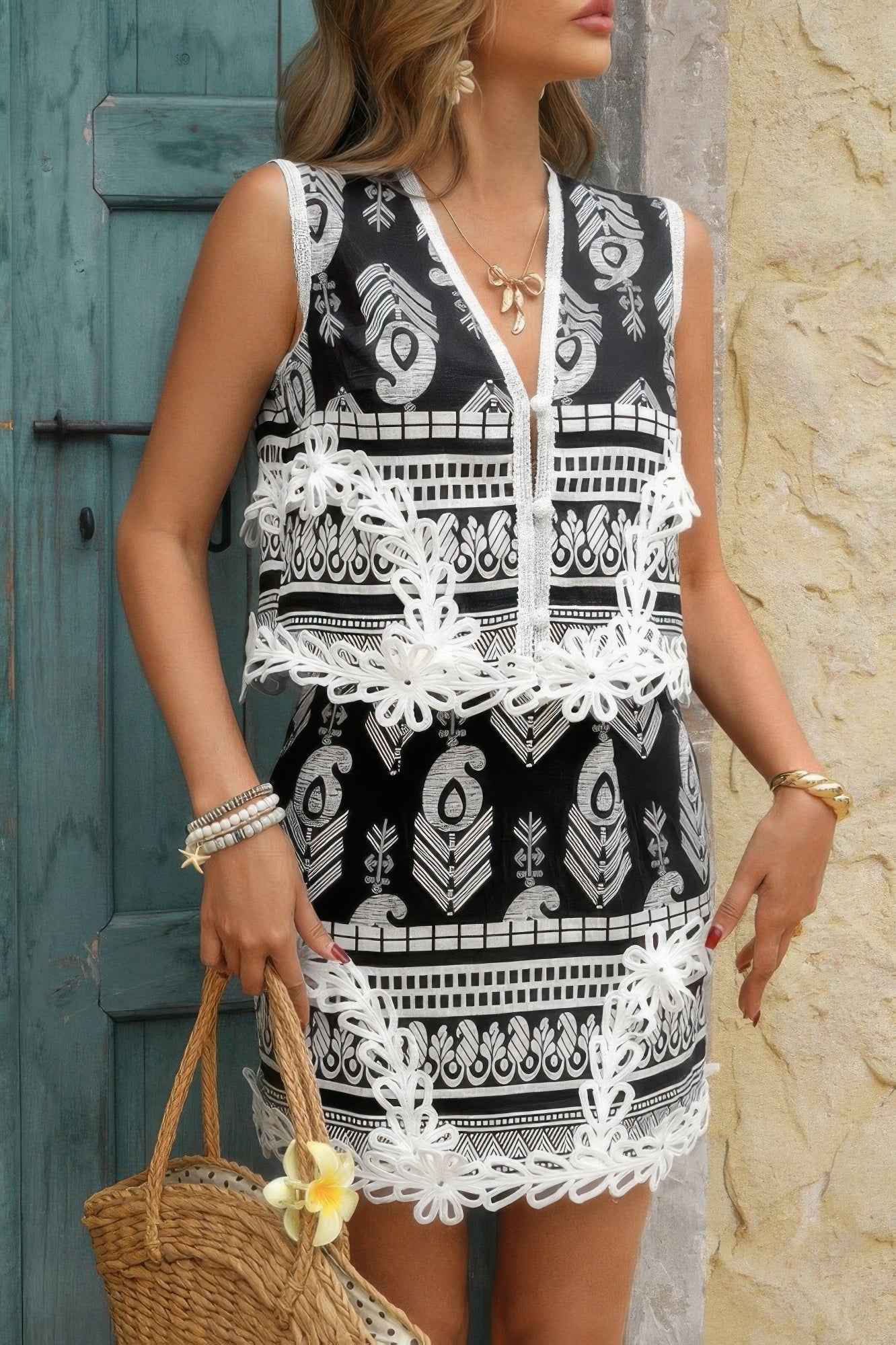 Two Piece Boho Print Sleeveless Button Lace Trim Set