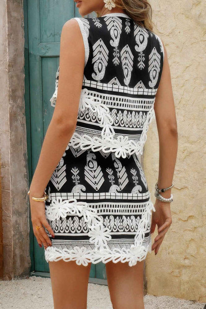 Two Piece Boho Print Sleeveless Button Lace Trim Set