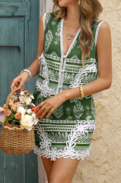 Two Piece Boho Print Sleeveless Button Lace Trim Set