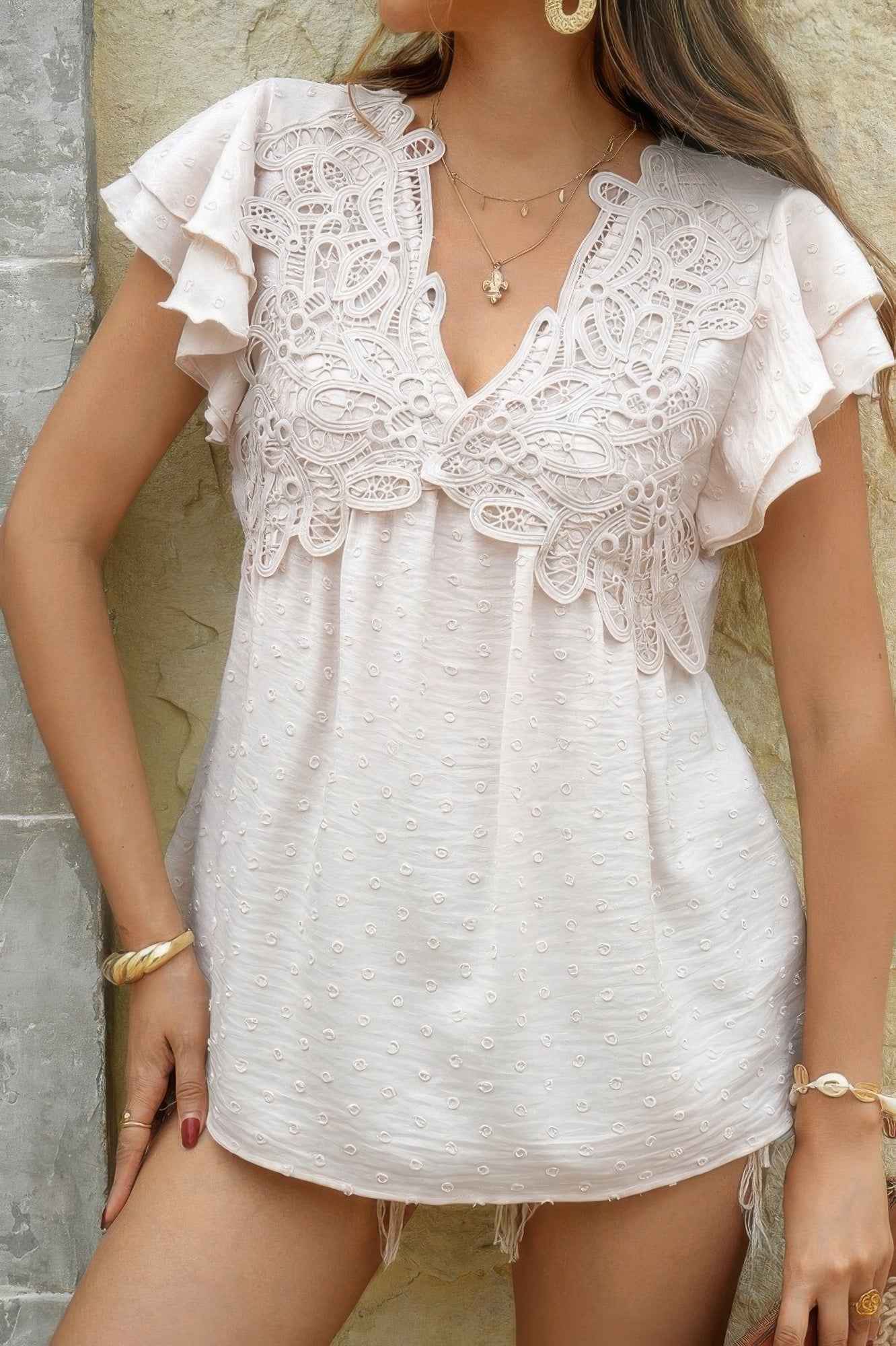 V Neck Lace Cutwork Flock Dot Ruffle Shirt