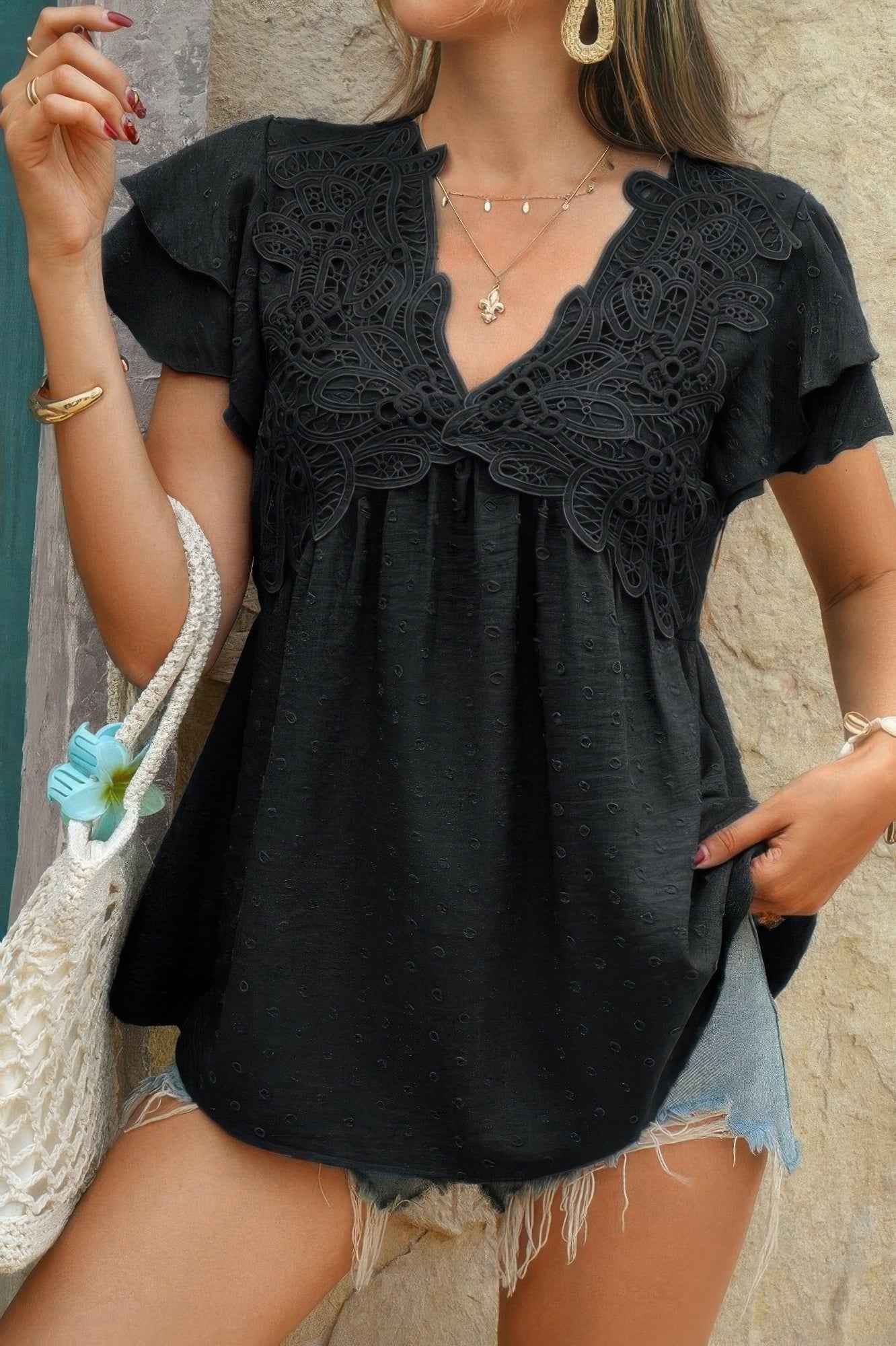 V Neck Lace Cutwork Flock Dot Ruffle Shirt