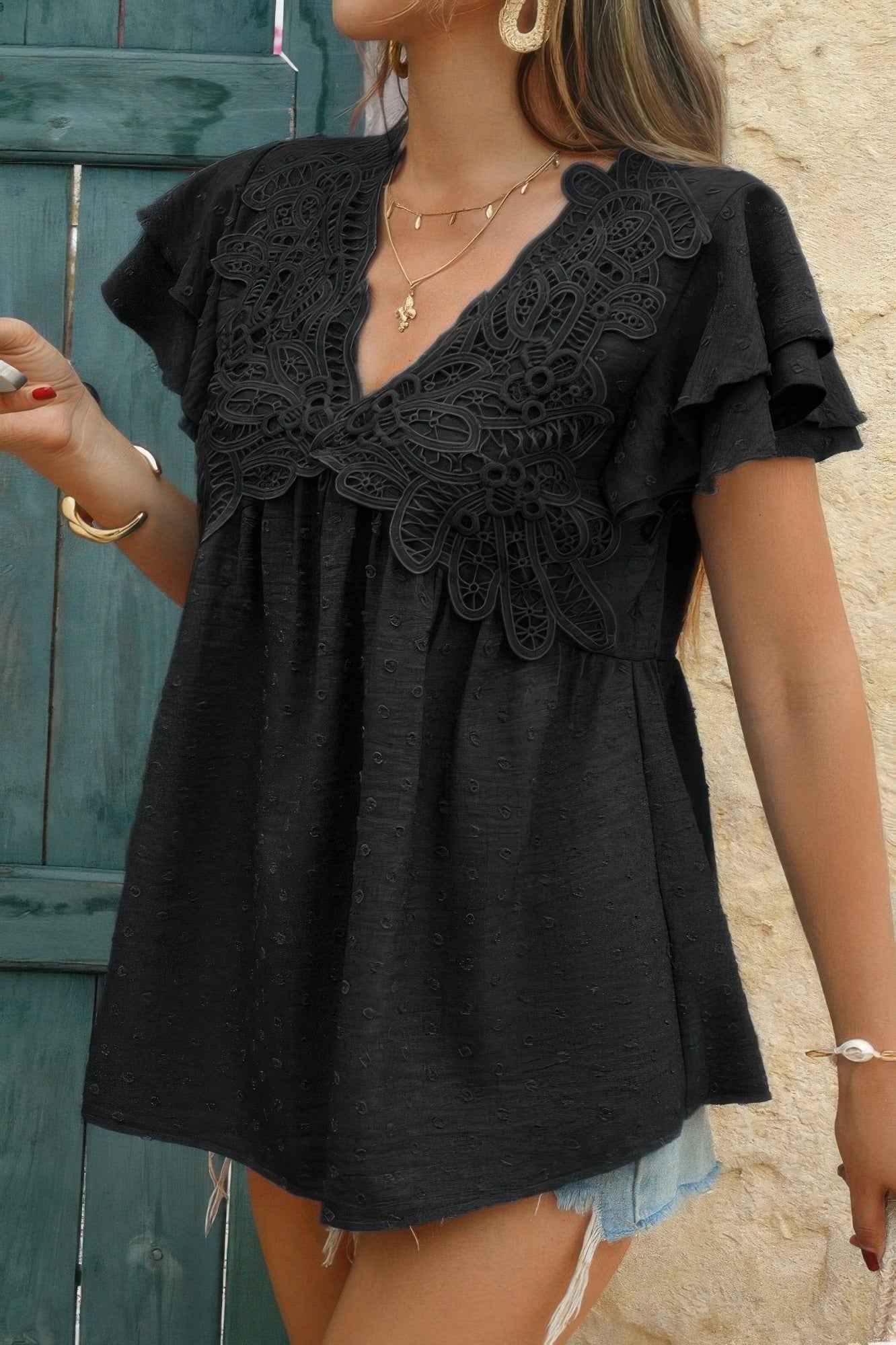 V Neck Lace Cutwork Flock Dot Ruffle Shirt