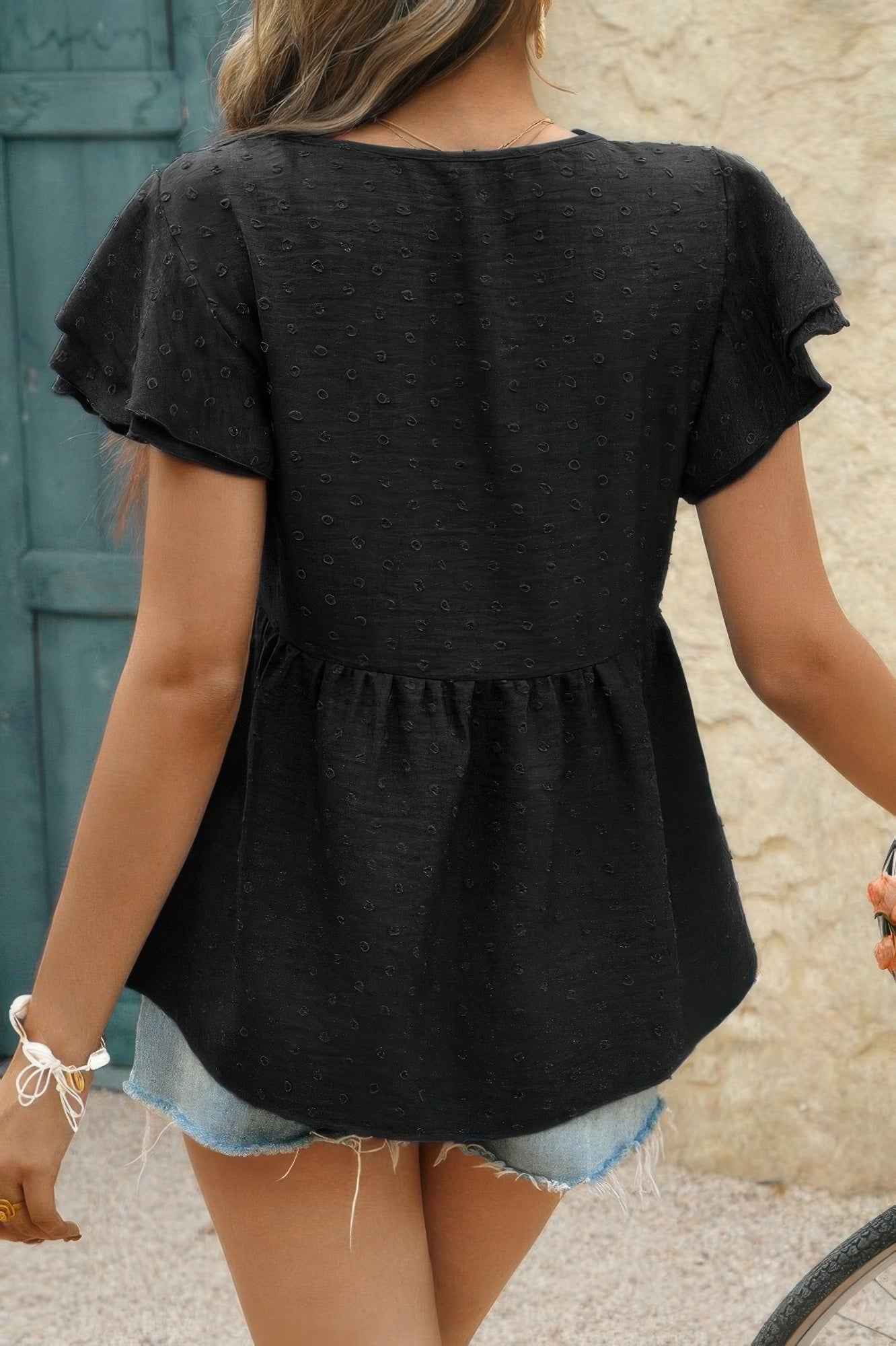 V Neck Lace Cutwork Flock Dot Ruffle Shirt