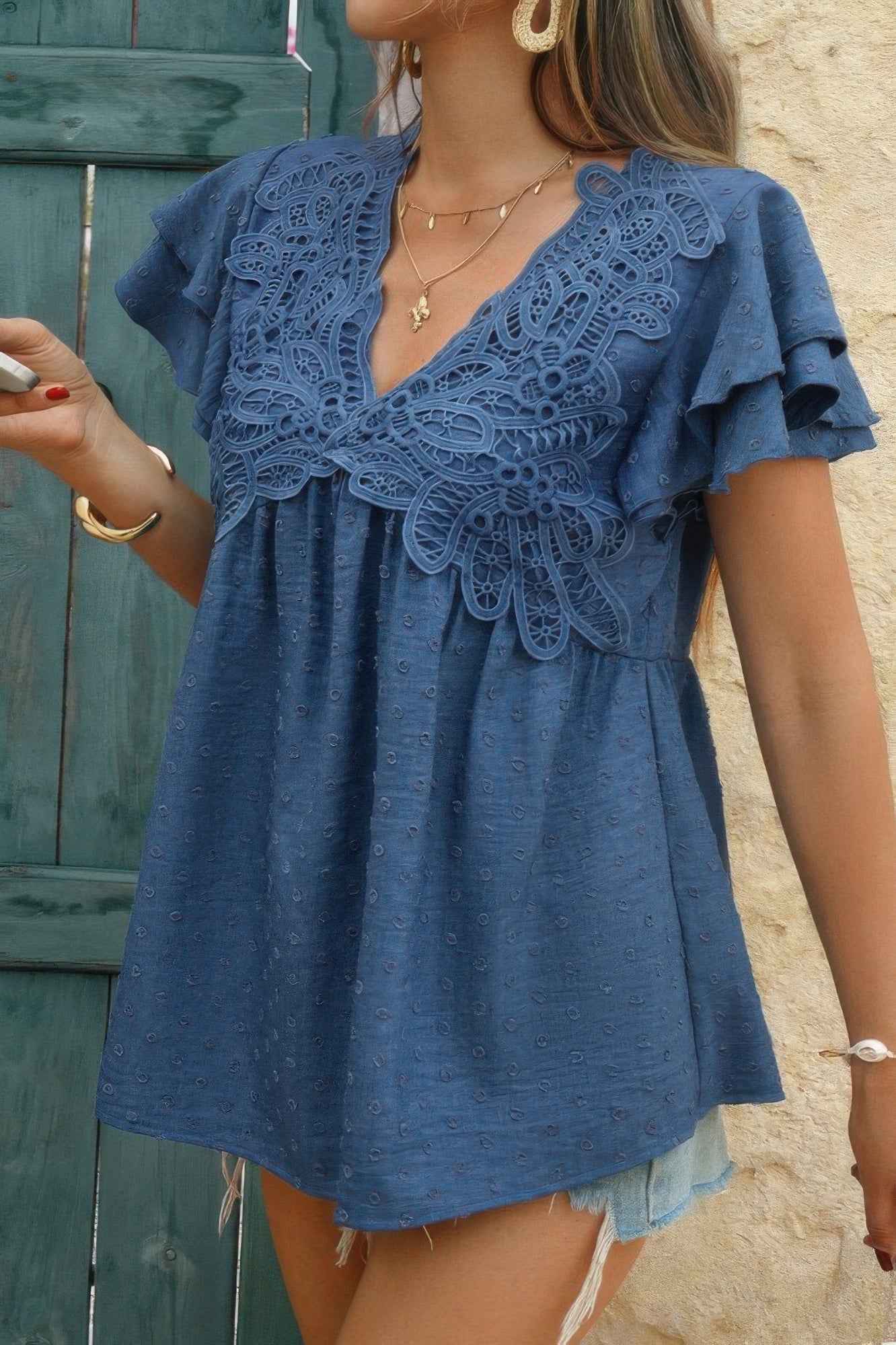 V Neck Lace Cutwork Flock Dot Ruffle Shirt