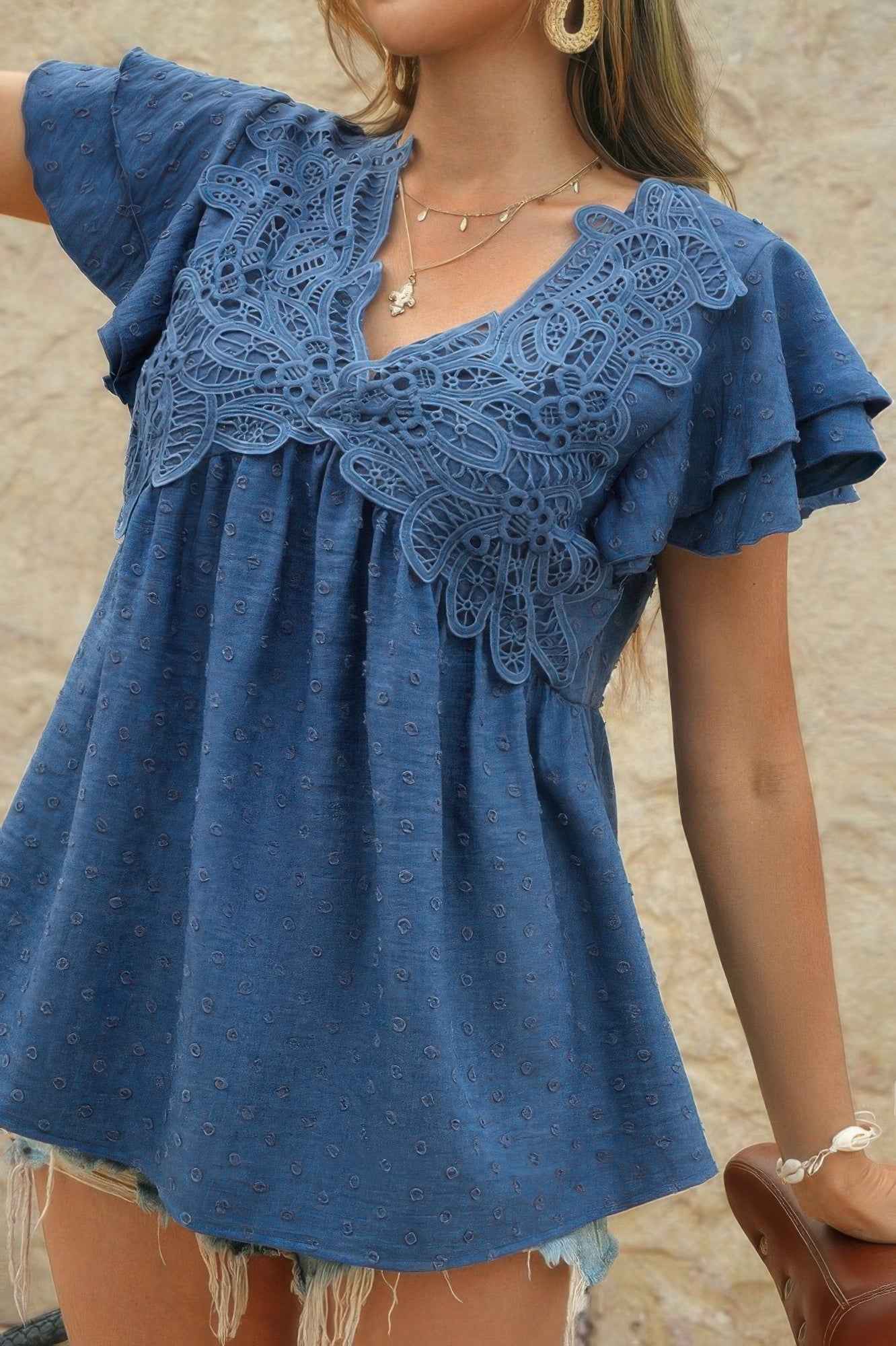 V Neck Lace Cutwork Flock Dot Ruffle Shirt